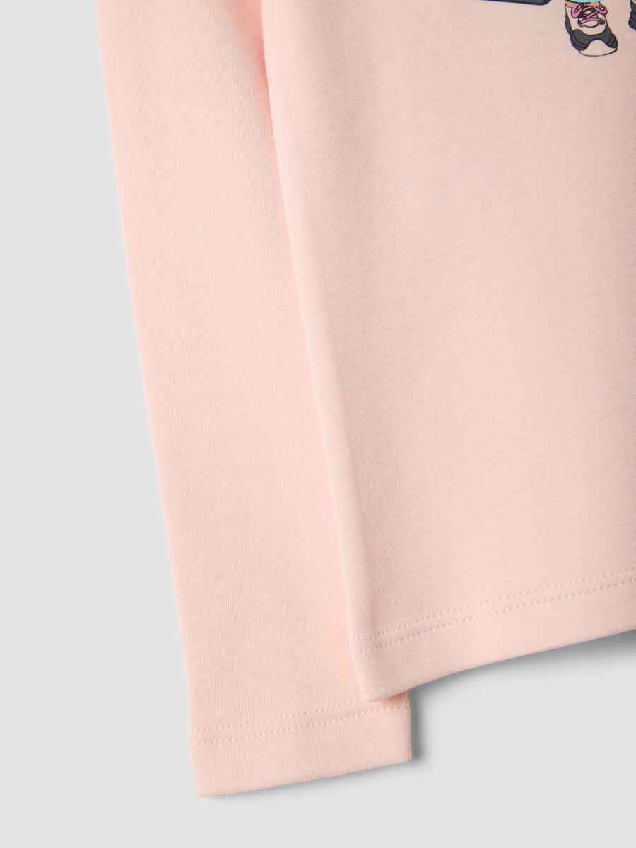 T-shirt rosa in puro cotone organico con collo rialzato e stampa orsetto_3
