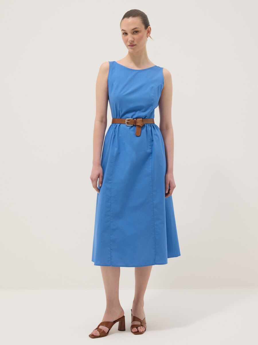 Vestito blu in puro cotone con scollo a barca_1