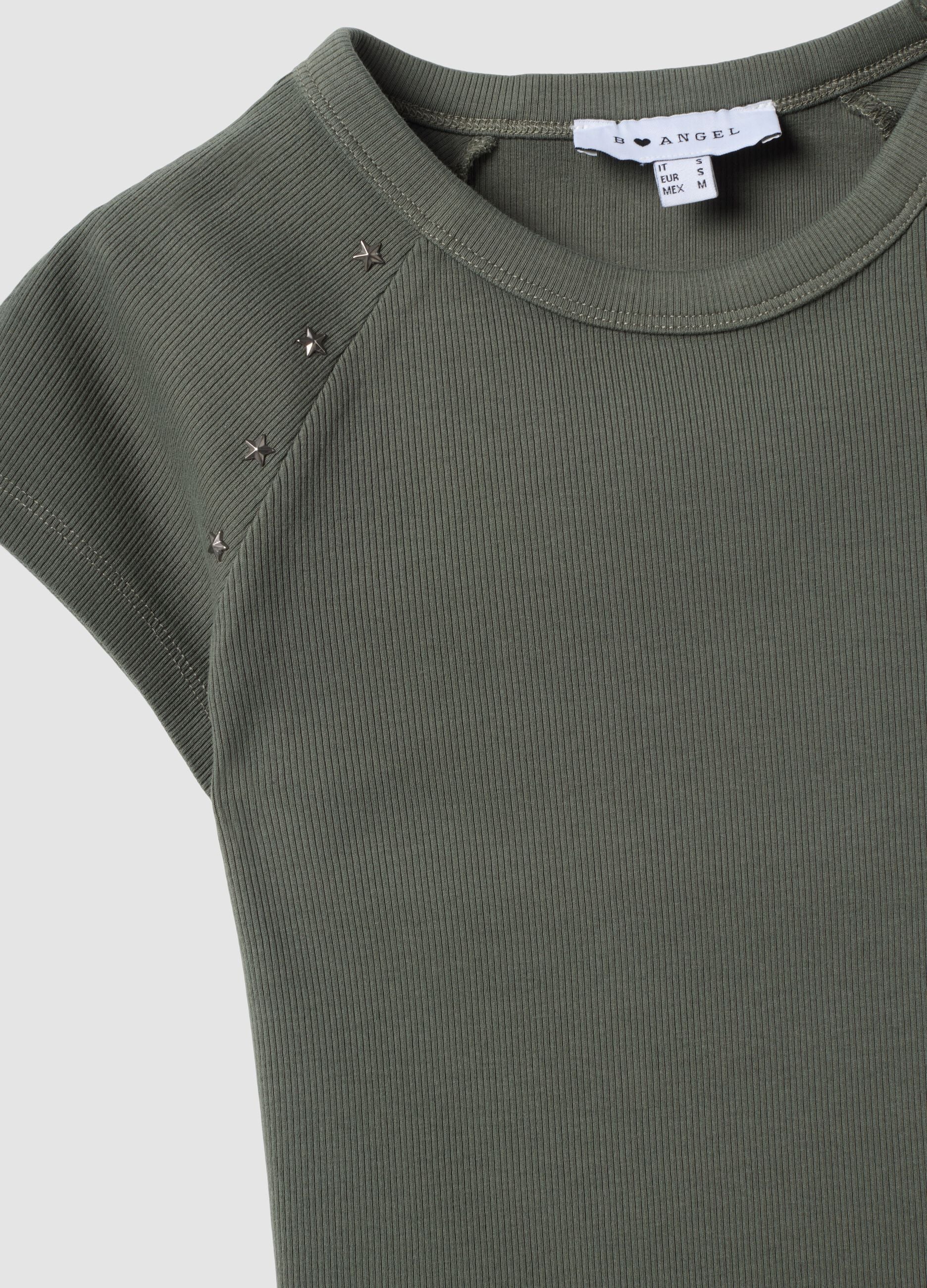 Green fitted ribbed stretch-cotton T-shirt with studs