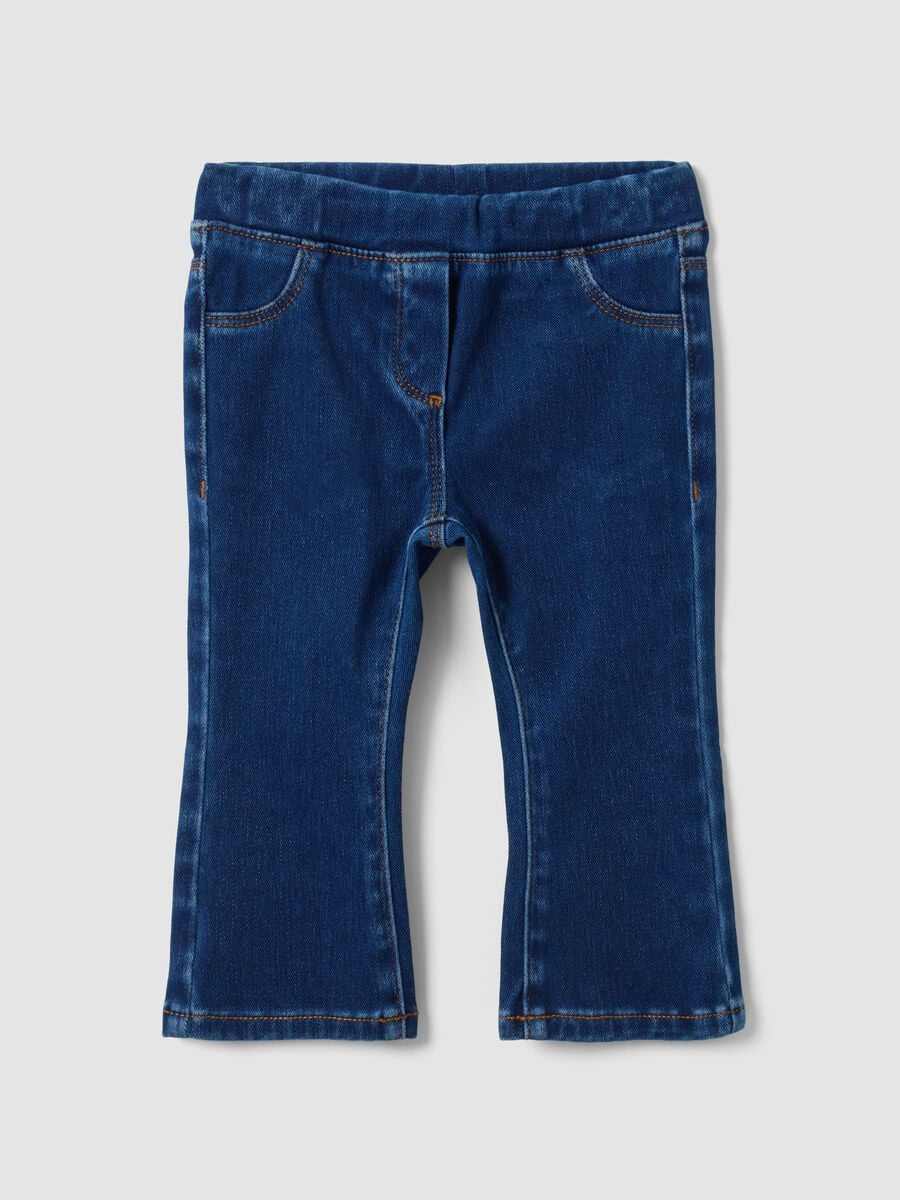 Blue stretch cotton flare-fit jeggings for baby girl_0
