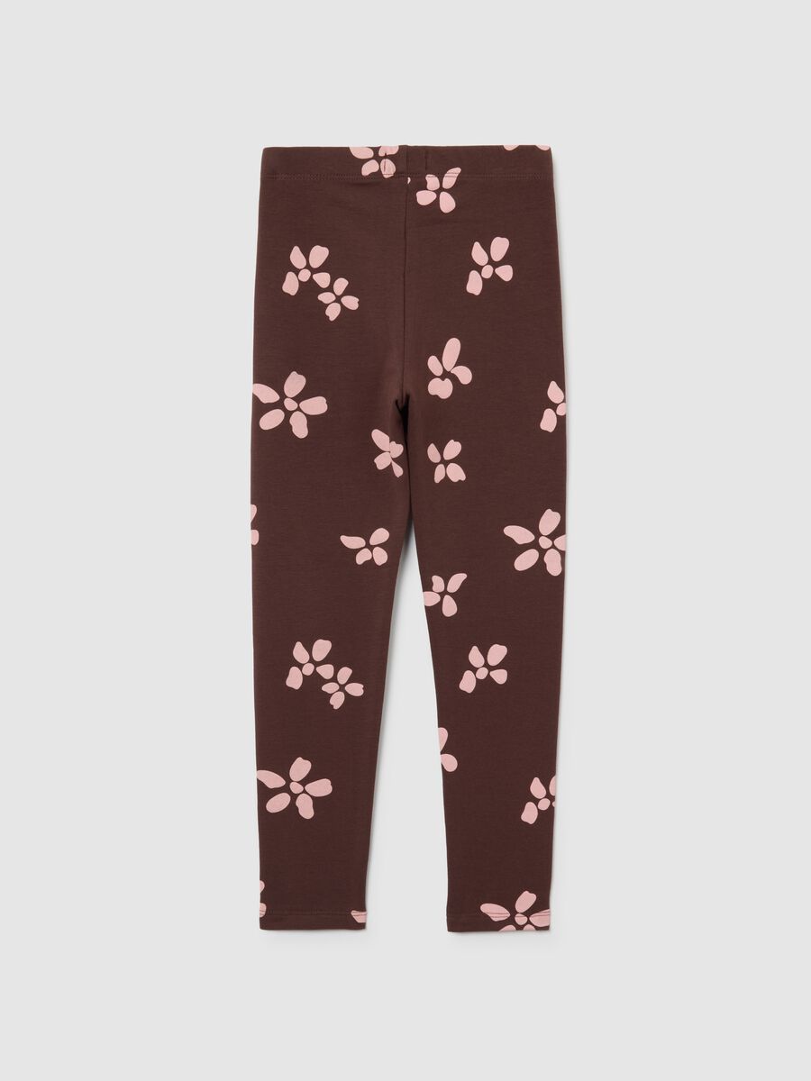Girls' skinny cotton leggings in brown with floral prints_1
