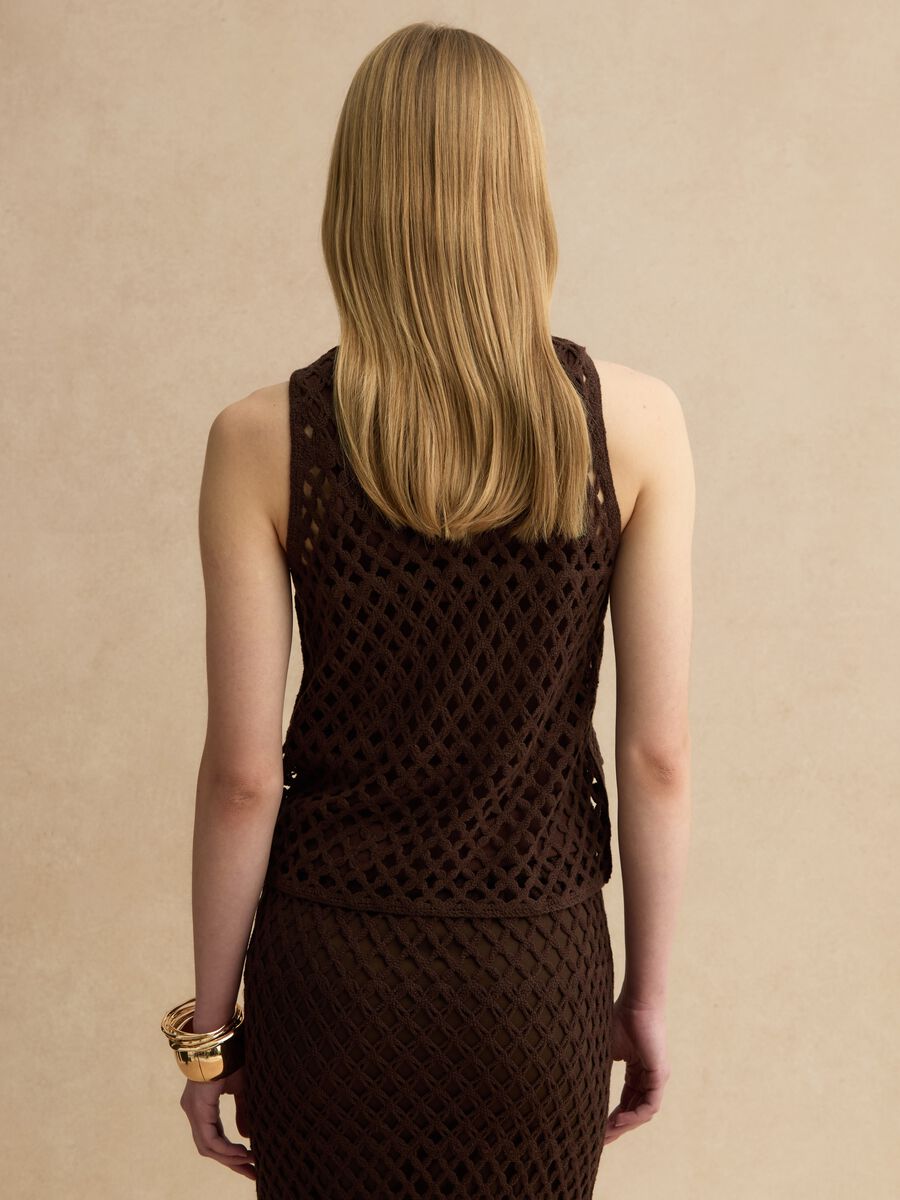 Tank top in misto cotone marrone regular fit con design a rete_3