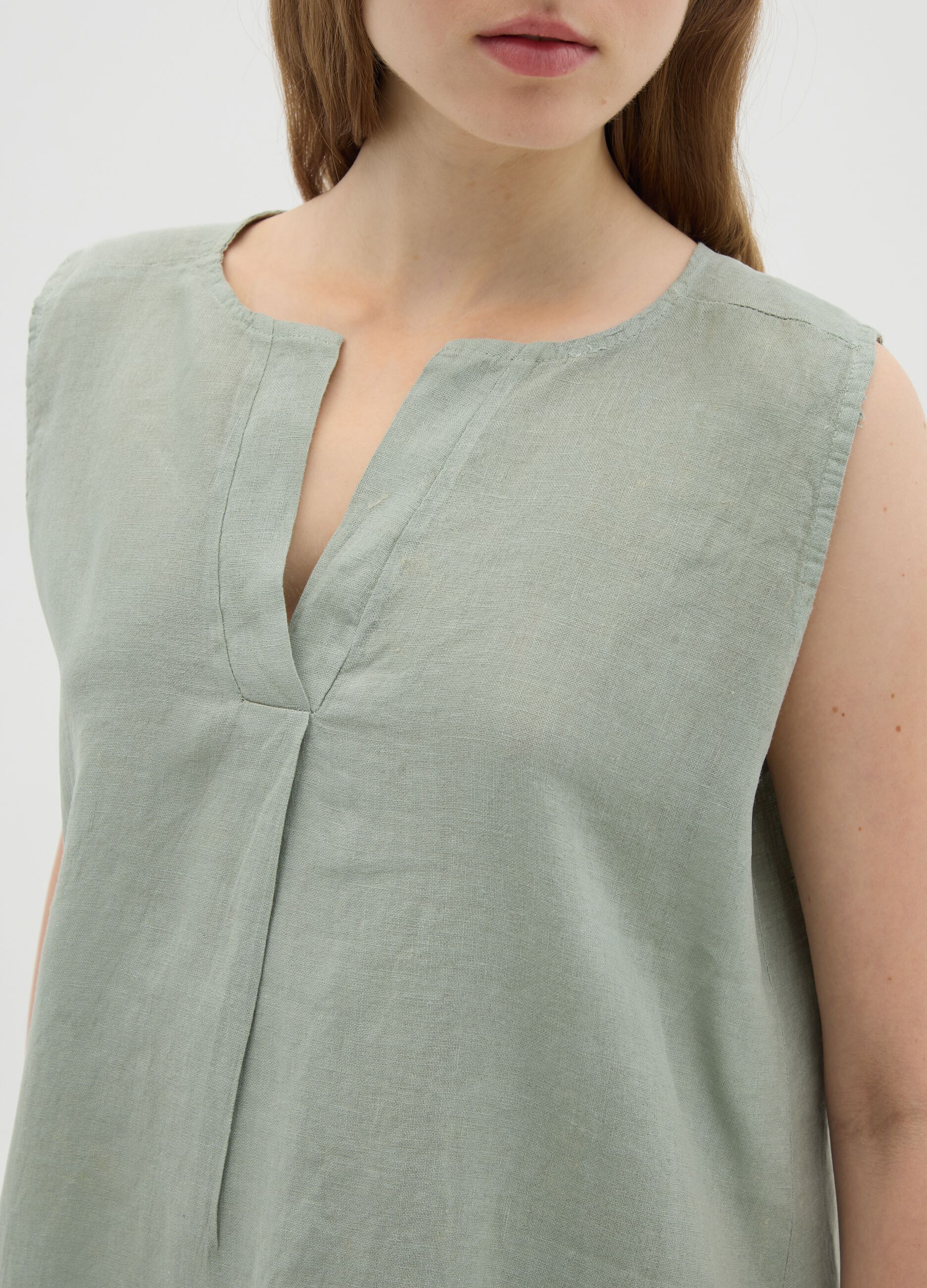 Women's Dress in Pure Green Linen Regular Fit