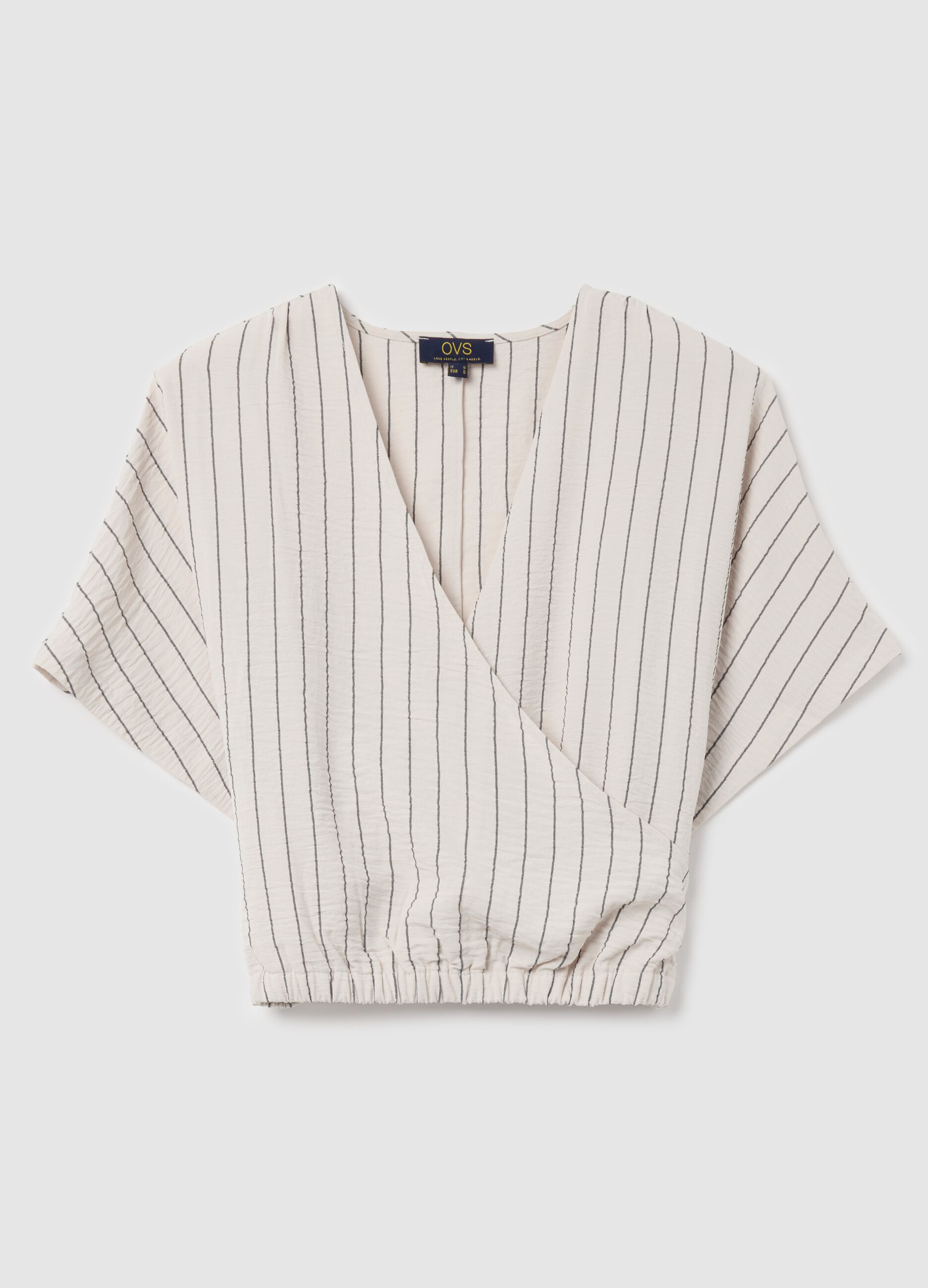 Blusa corta incrociata a righe beige
