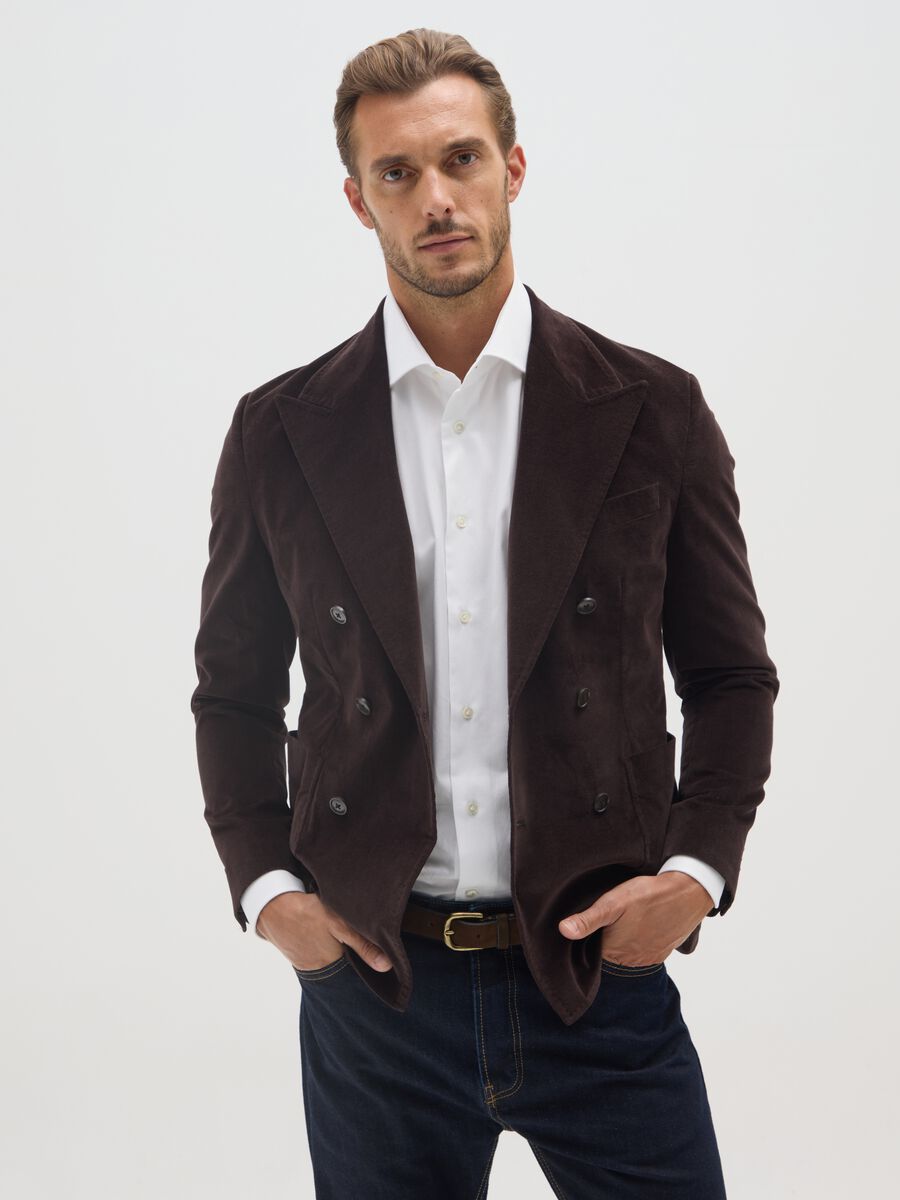 Blazer marrone in misto cotone e velluto a coste slim fit_0