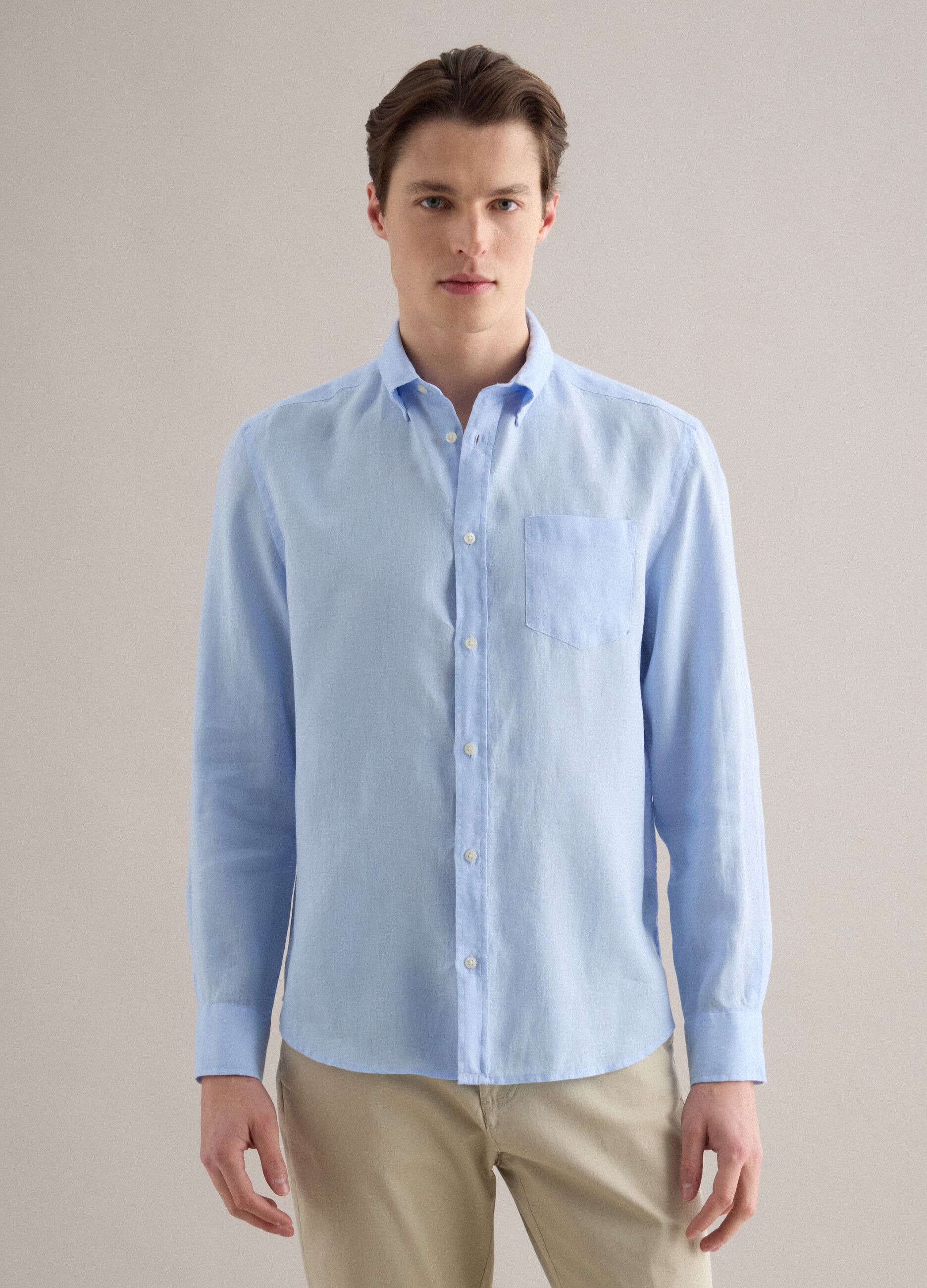 Light blue regular fit long-sleeve pure linen shirt