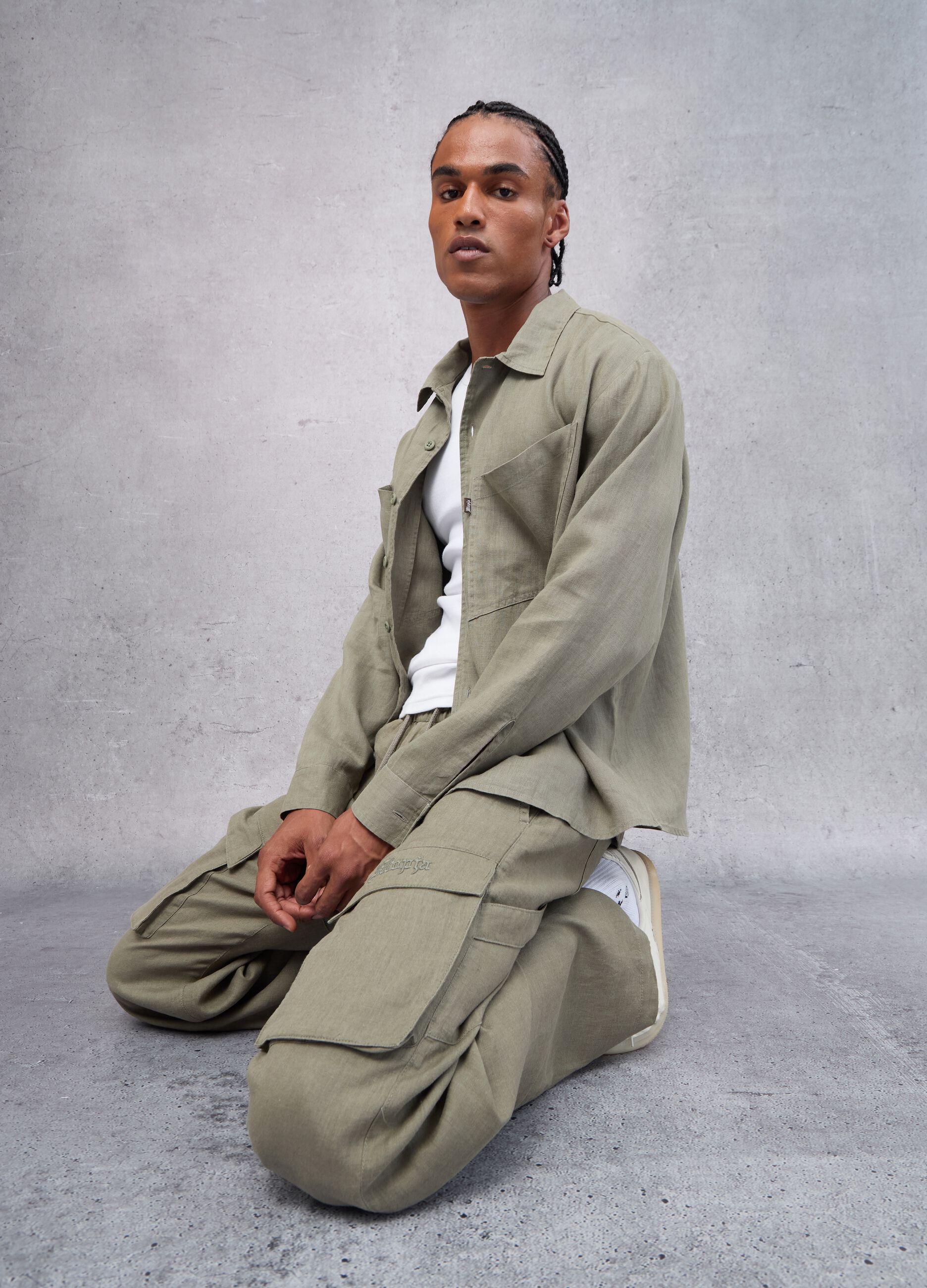100% Linen Cargo Pants Military Green