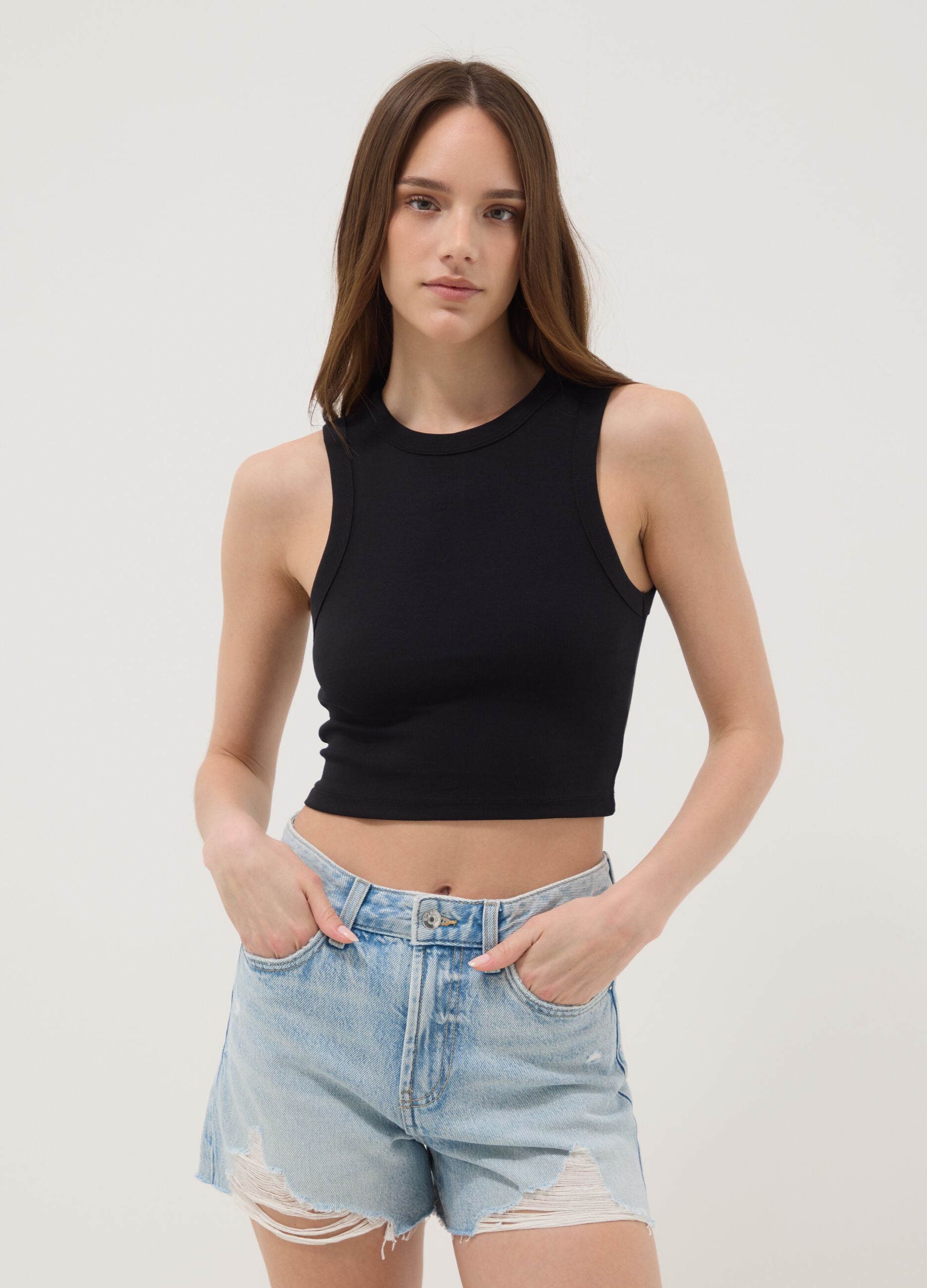 Black cropped stretch cotton tank top