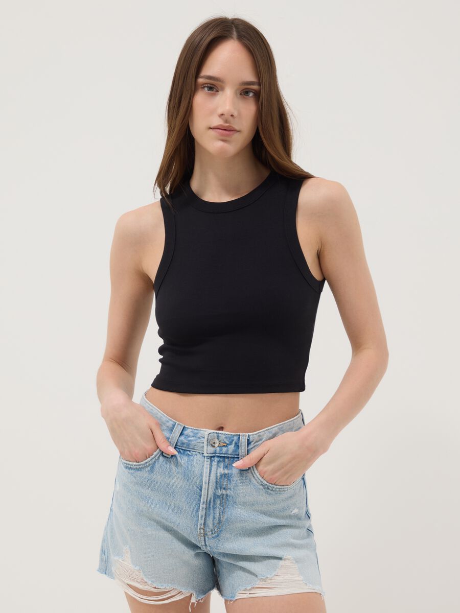 Black cropped stretch cotton tank top_1