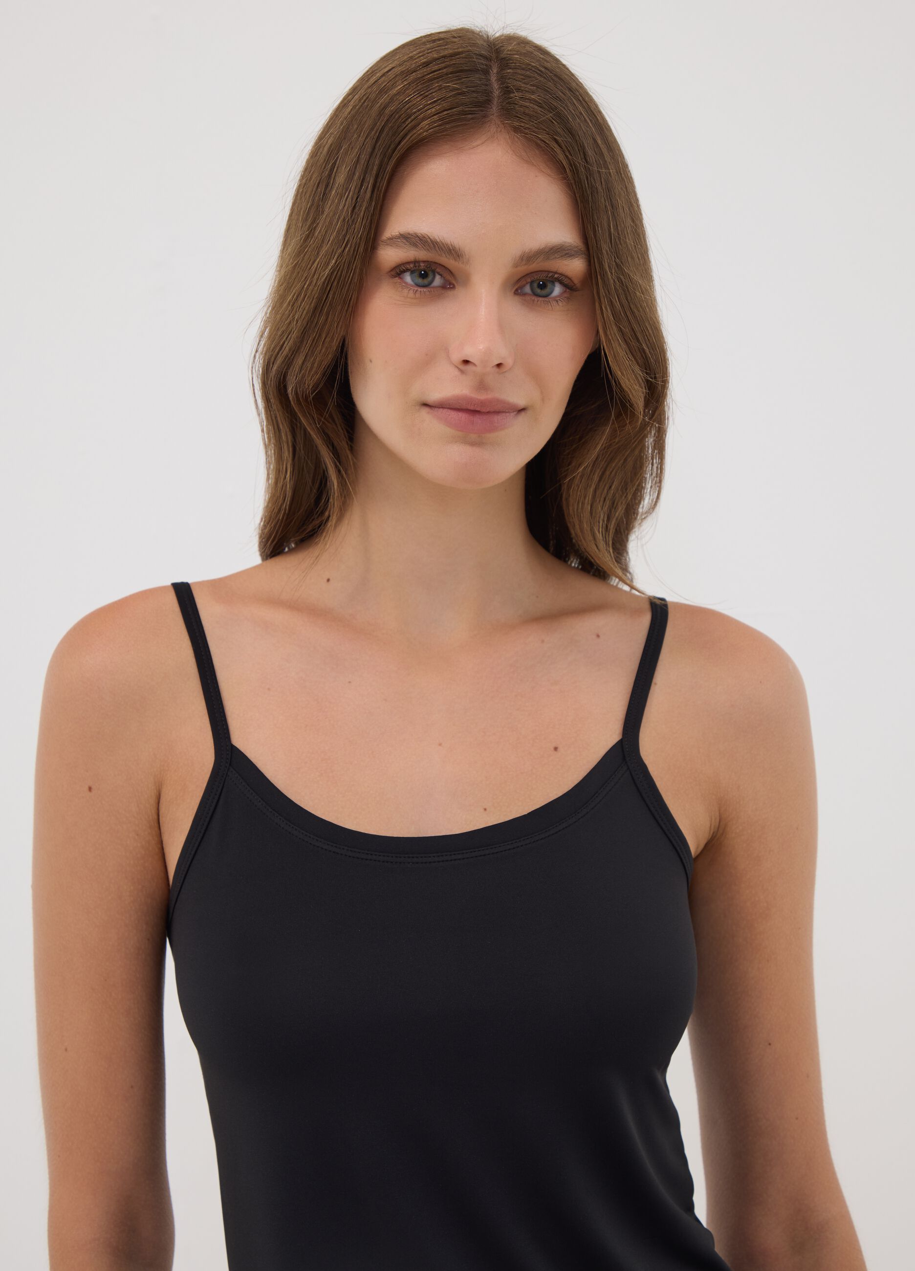 Black stretch crew-neck vest top, regular fit