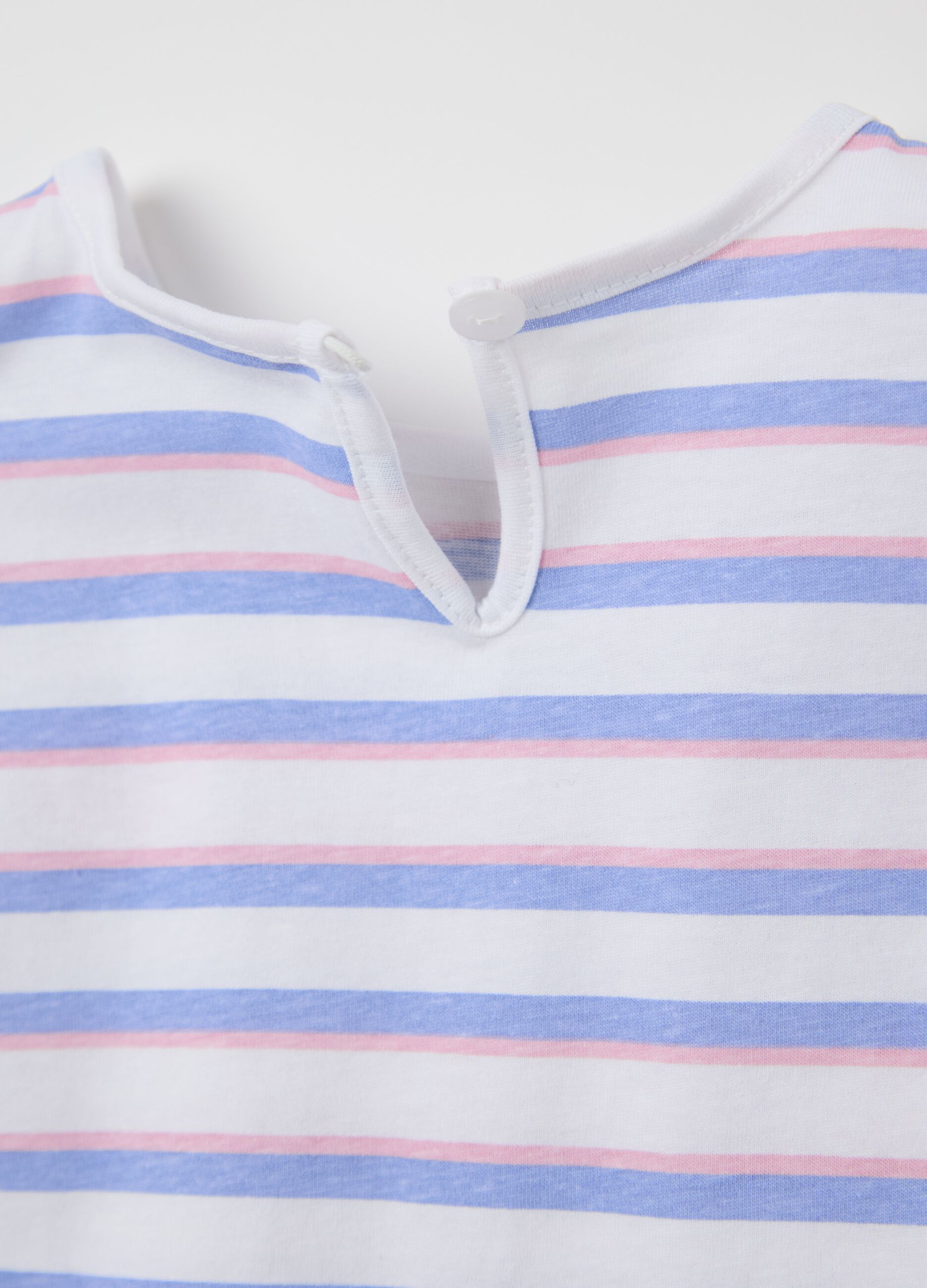 White and pink striped cotton T-shirt with print