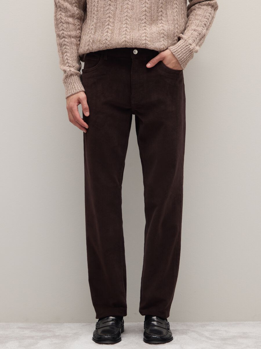 Brown stretch cotton regular fit trousers_1
