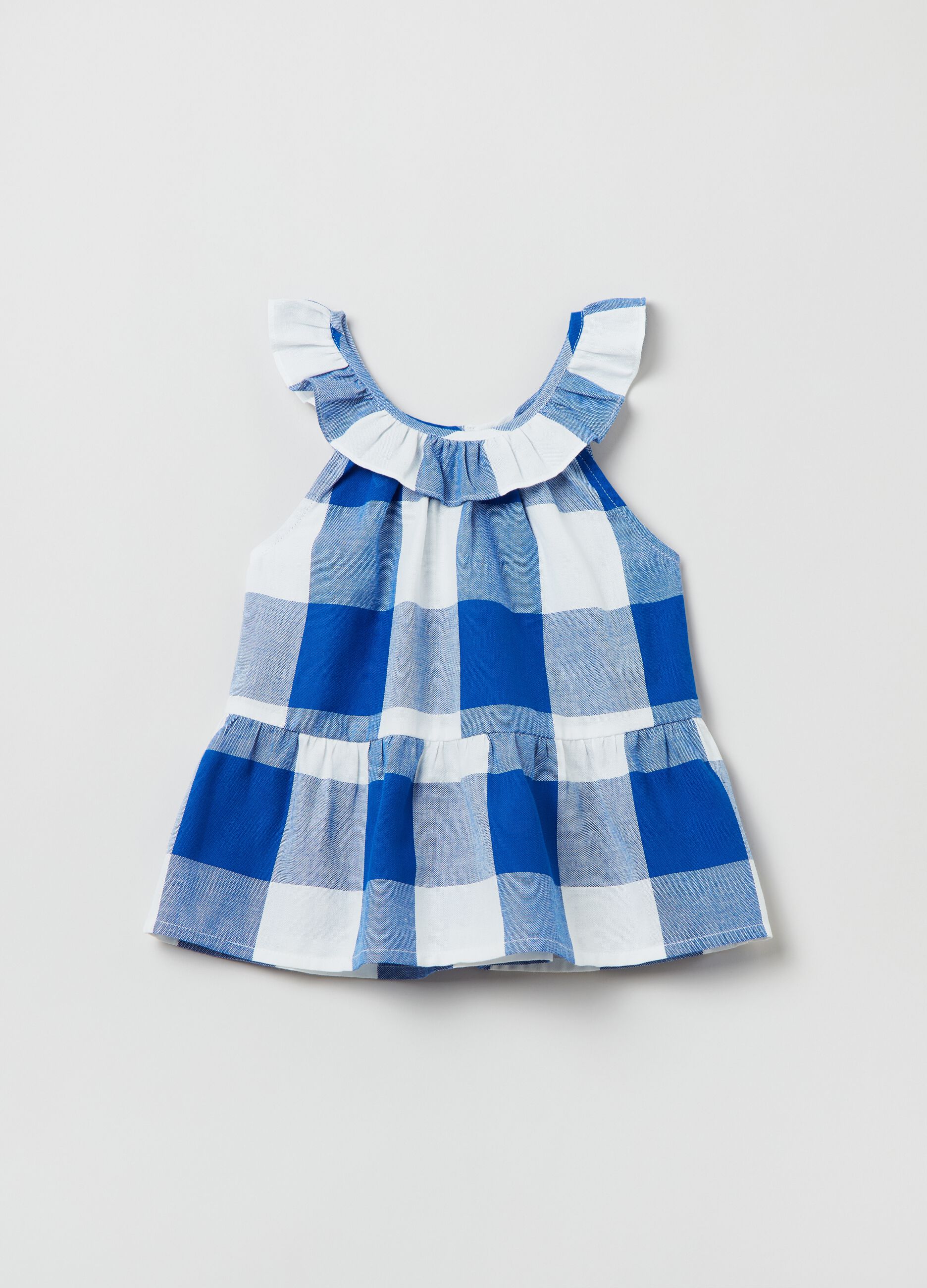 Blusa smanicata in cotone a quadri_0