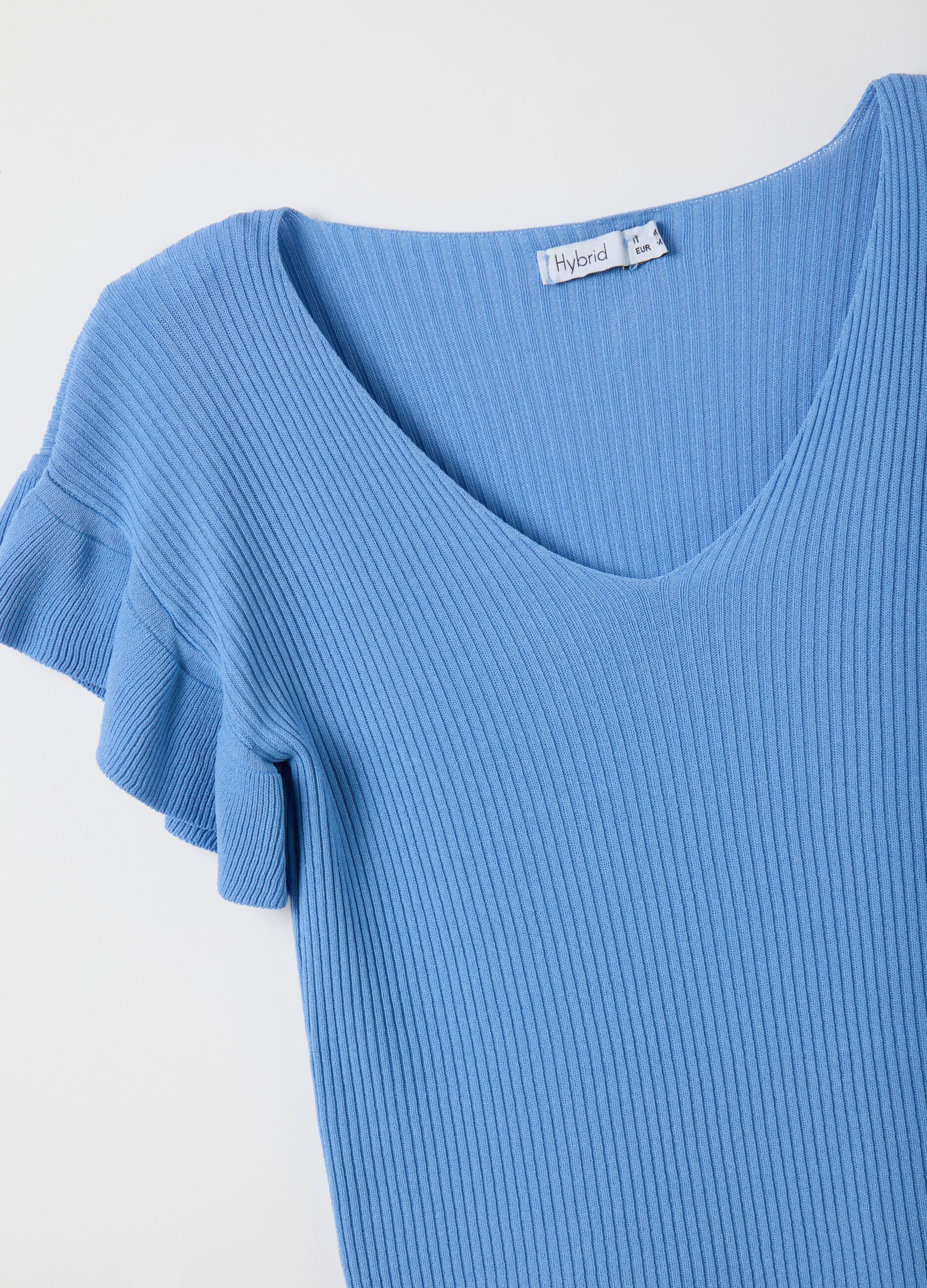 Women's blue viscose regular fit t-shirt with ruffles