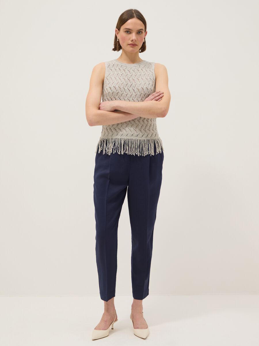 Beige viscose blend regular fit perforated top with fringes_2