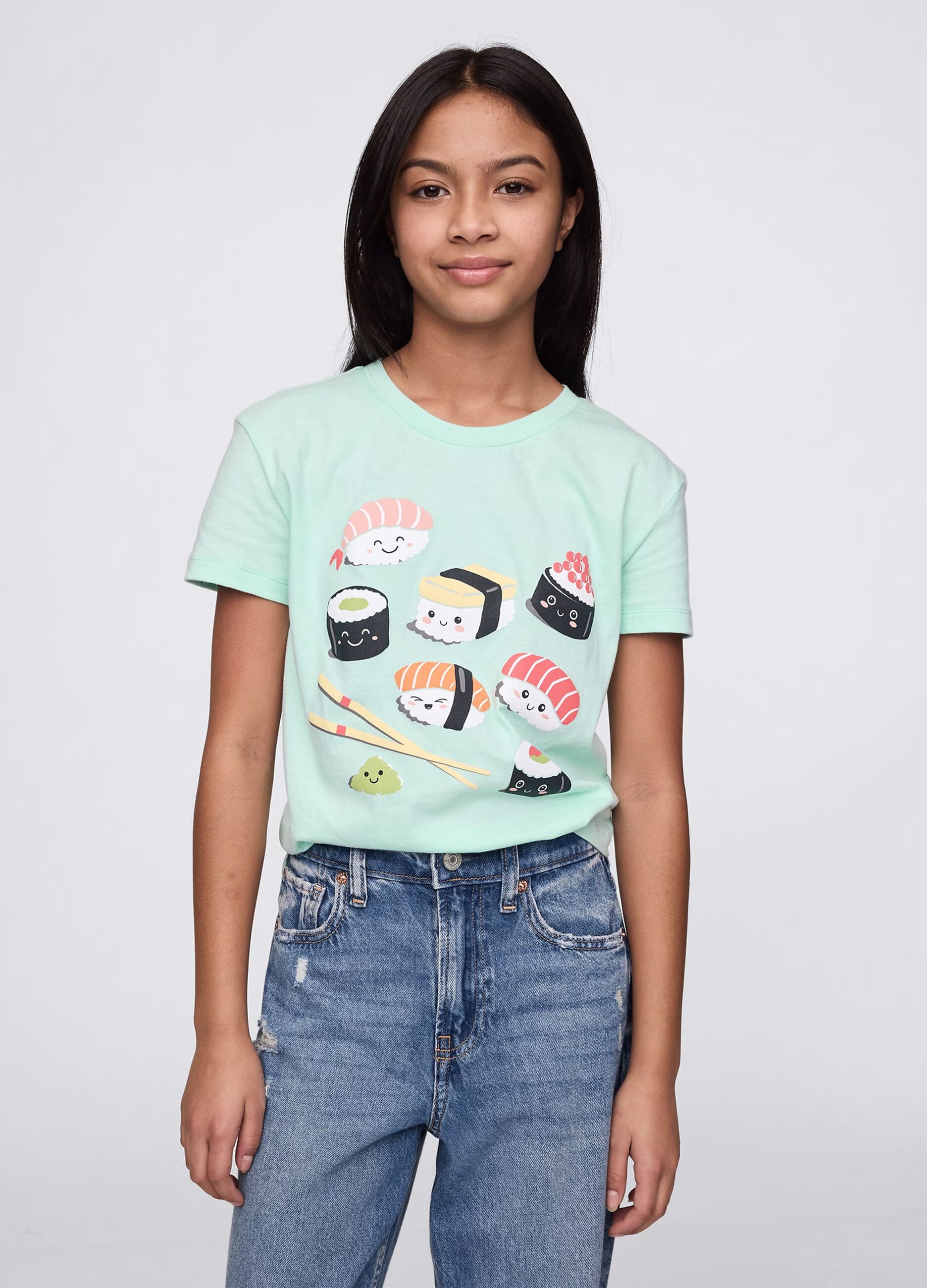 Green cotton T-shirt with sushi print