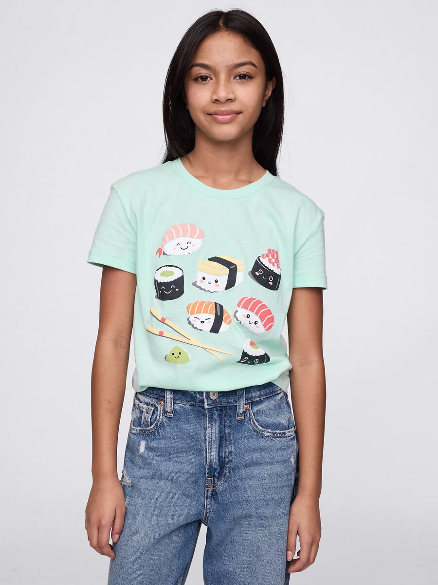 Green cotton T-shirt with sushi print_0