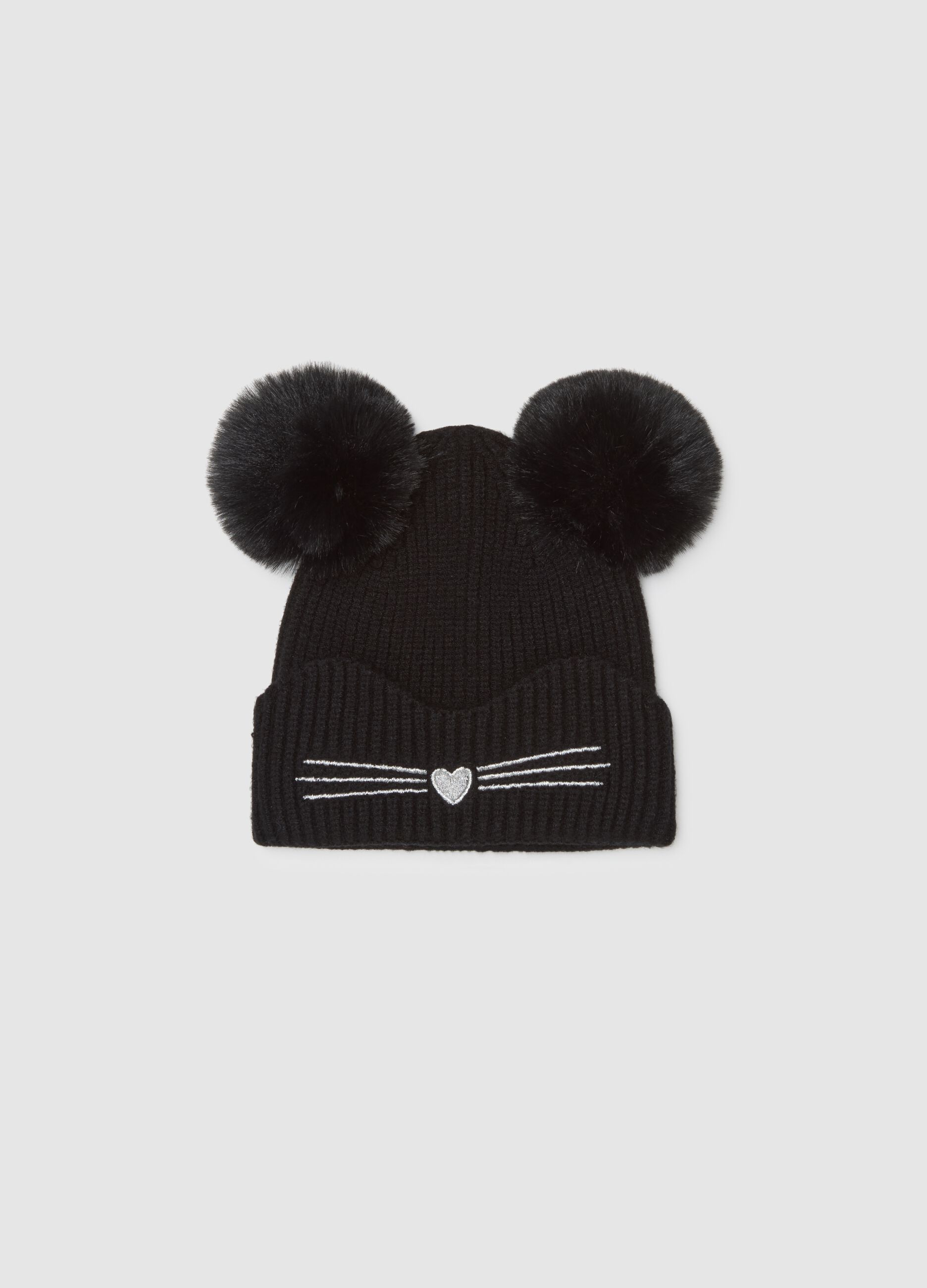 Black Hat with Ear-Shaped Pom-Poms
