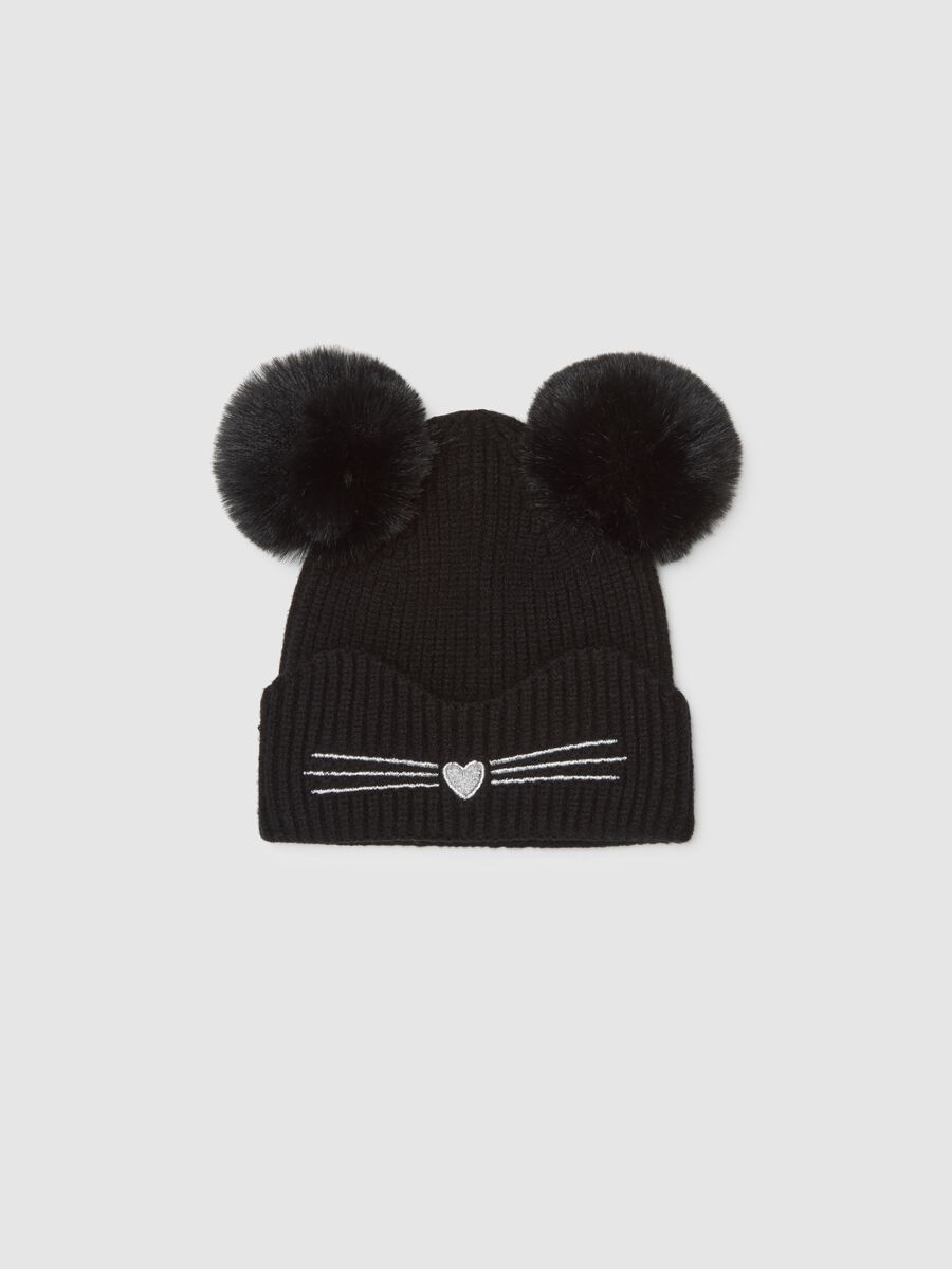 Black Hat with Ear-Shaped Pom-Poms_0