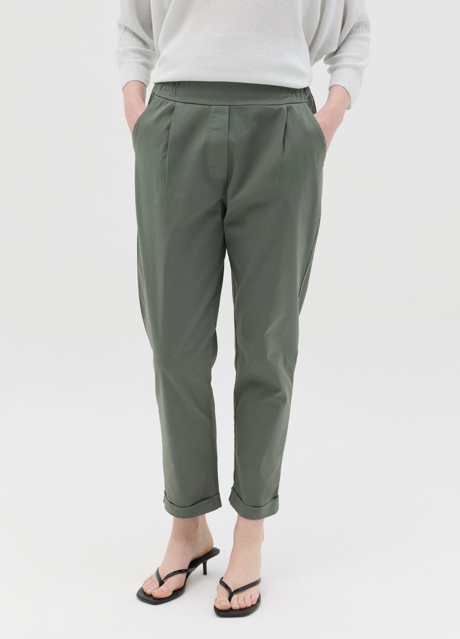 Green cropped trousers in stretch cotton