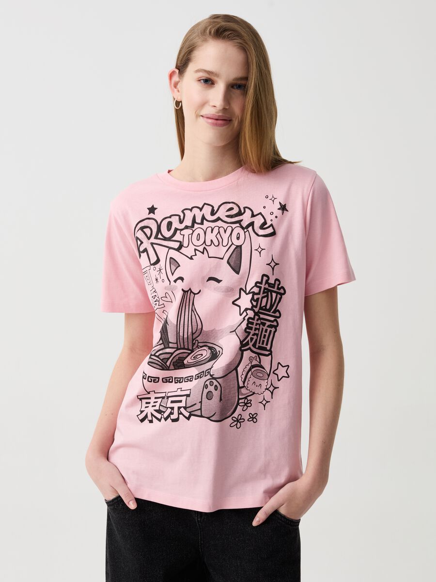T-shirt stampa gattino giapponese e ramen_0