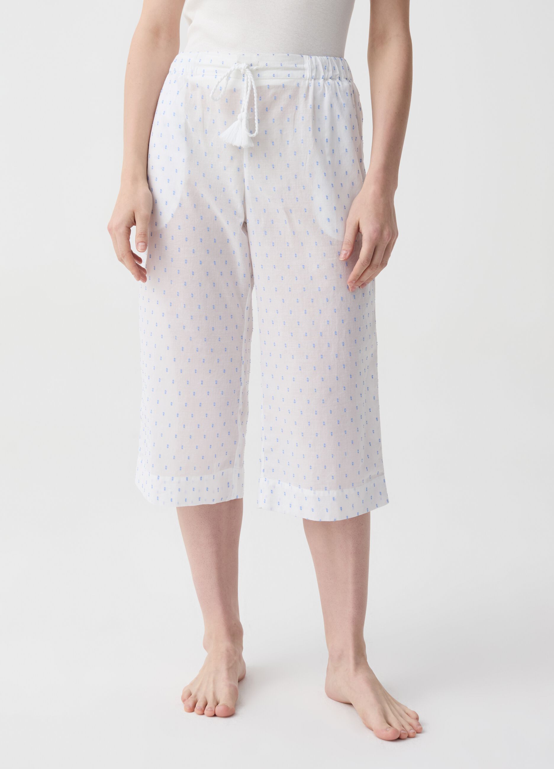 Pantalone pigiama pinocchietto in cotone dobby