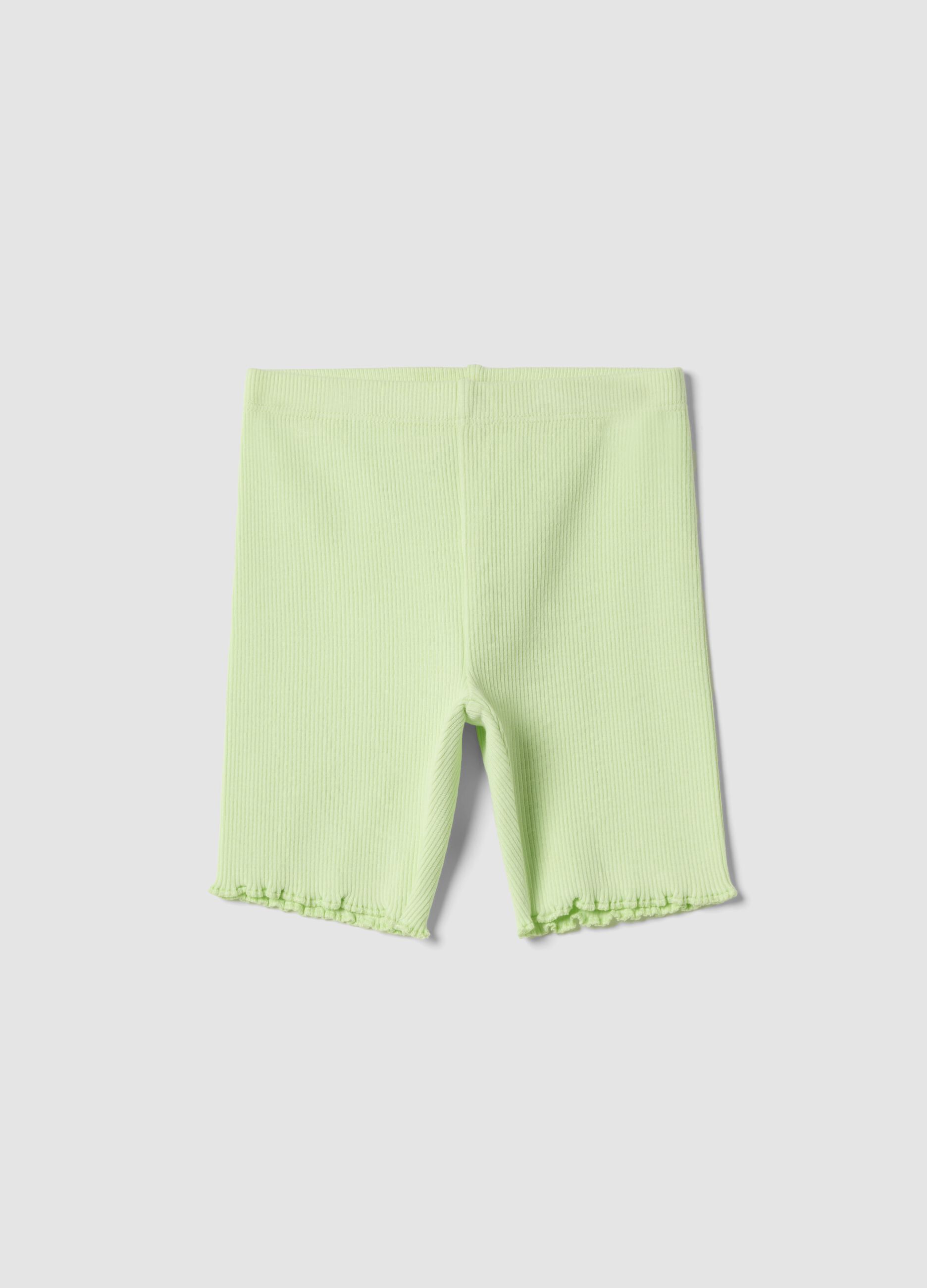 Green ribbed stretch-cotton shorts for baby girls, regular fit