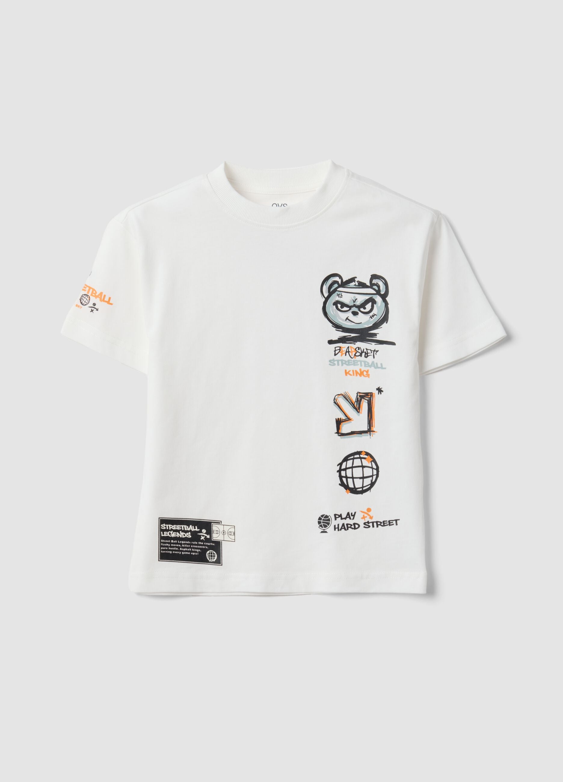 White oversized pure cotton T-shirt with graphic print for boys