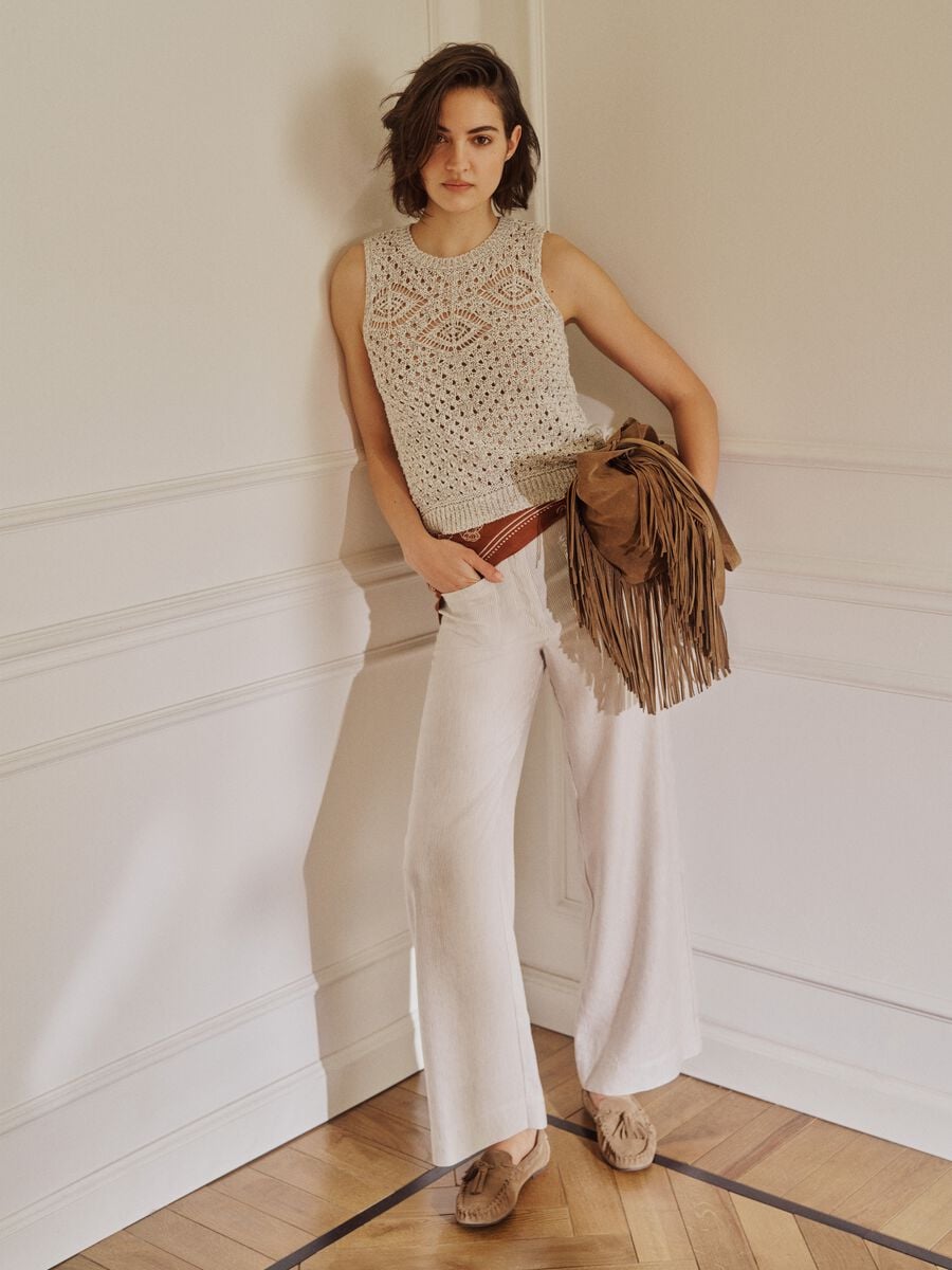 Fitted beige cotton blend mesh vest_1