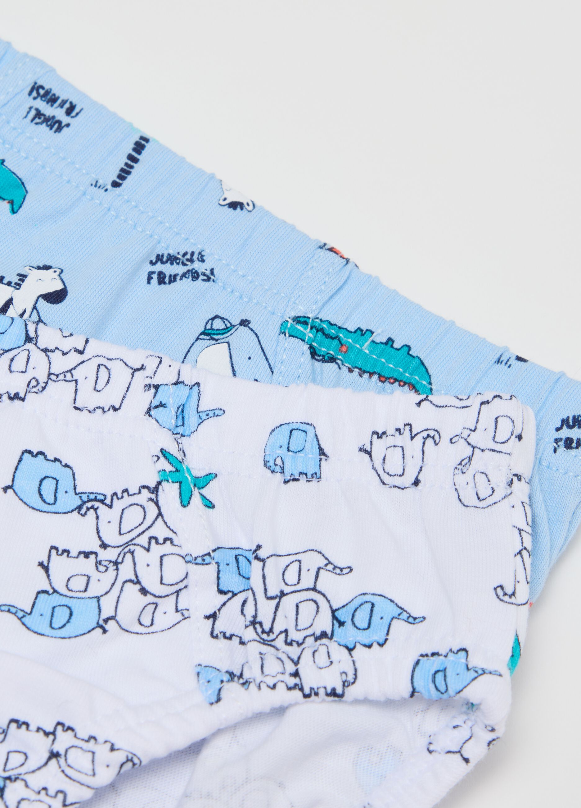 Three-pack yellow and light blue organic cotton briefs with savannah animals