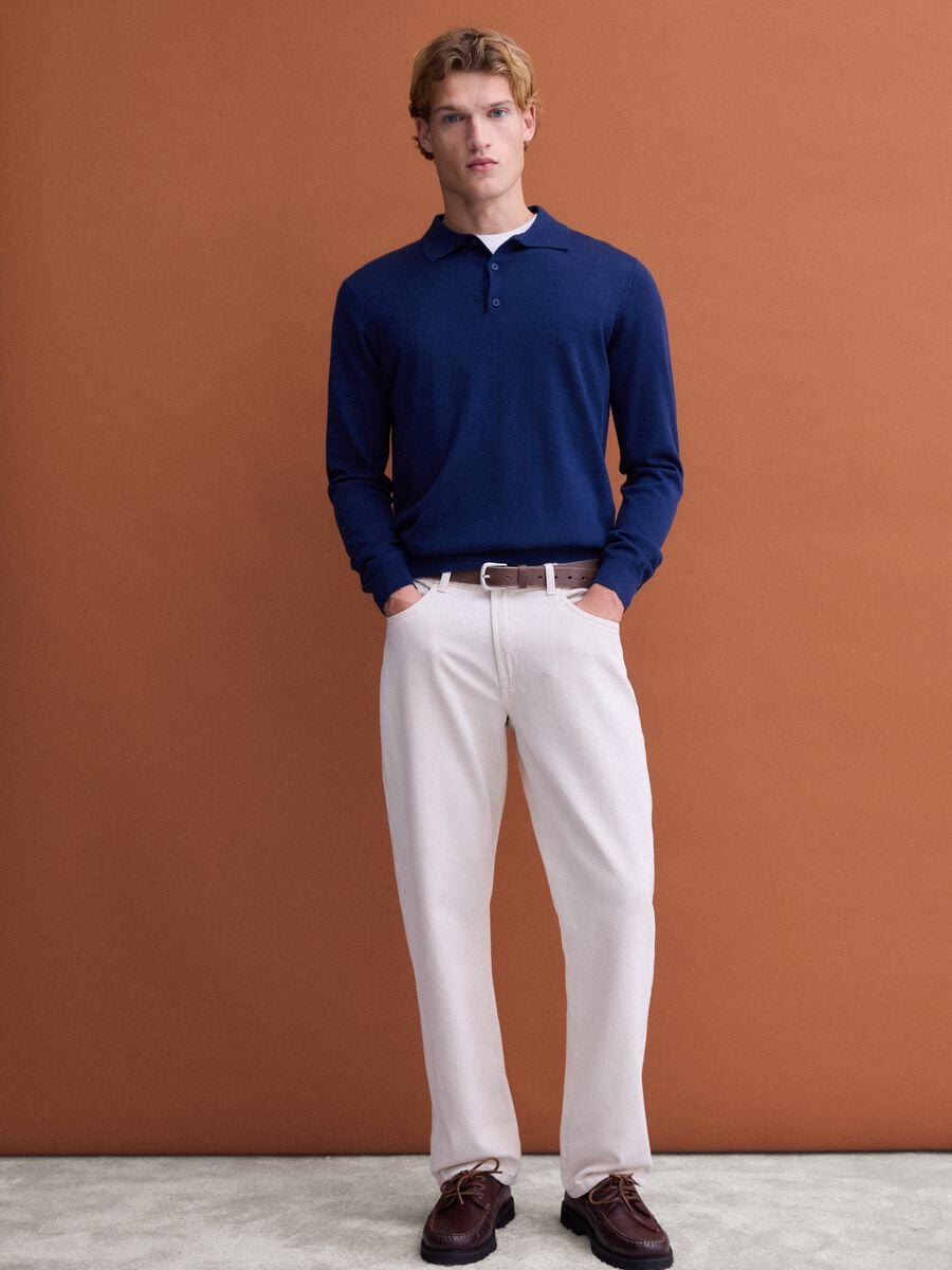 Blue pure merino wool polo jumper with polo collar_1