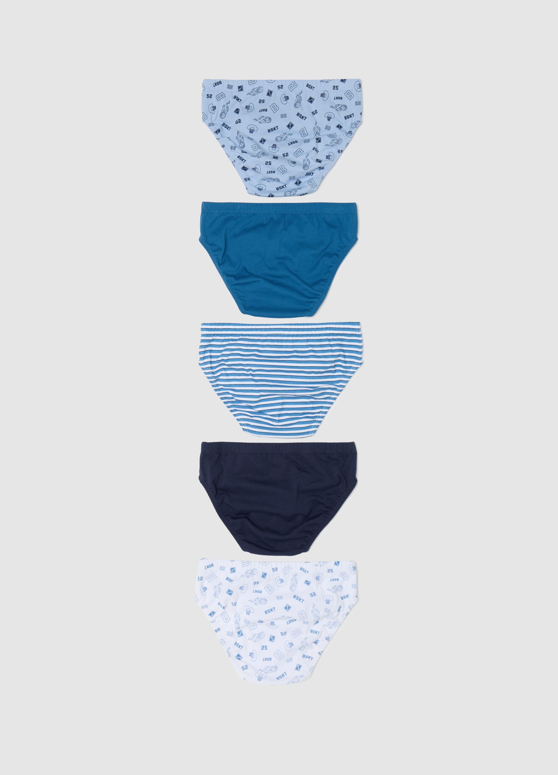 Five-pack briefs in cotton with stripes and print
