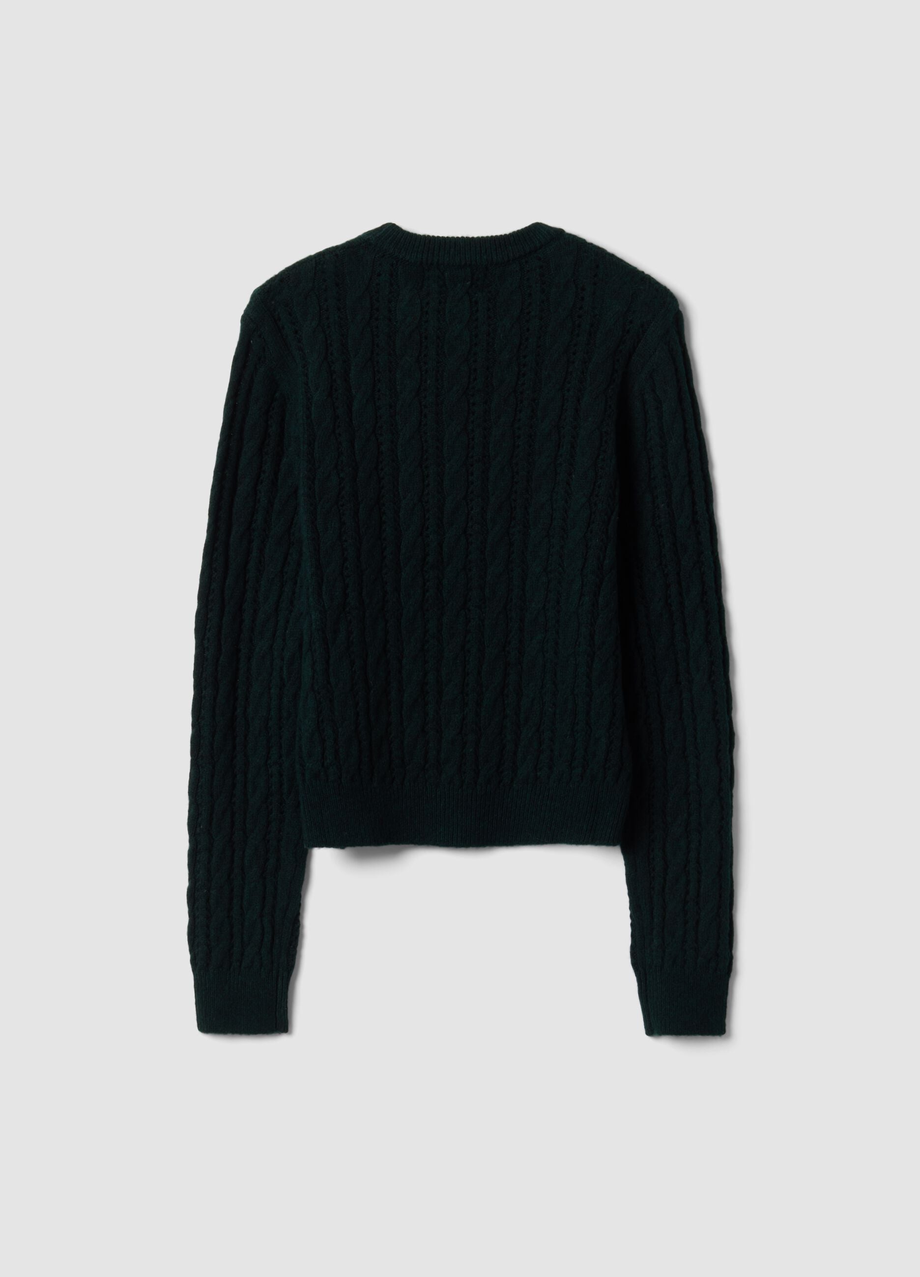Green crew-neck cable-knit wool-blend jumper, regular fit