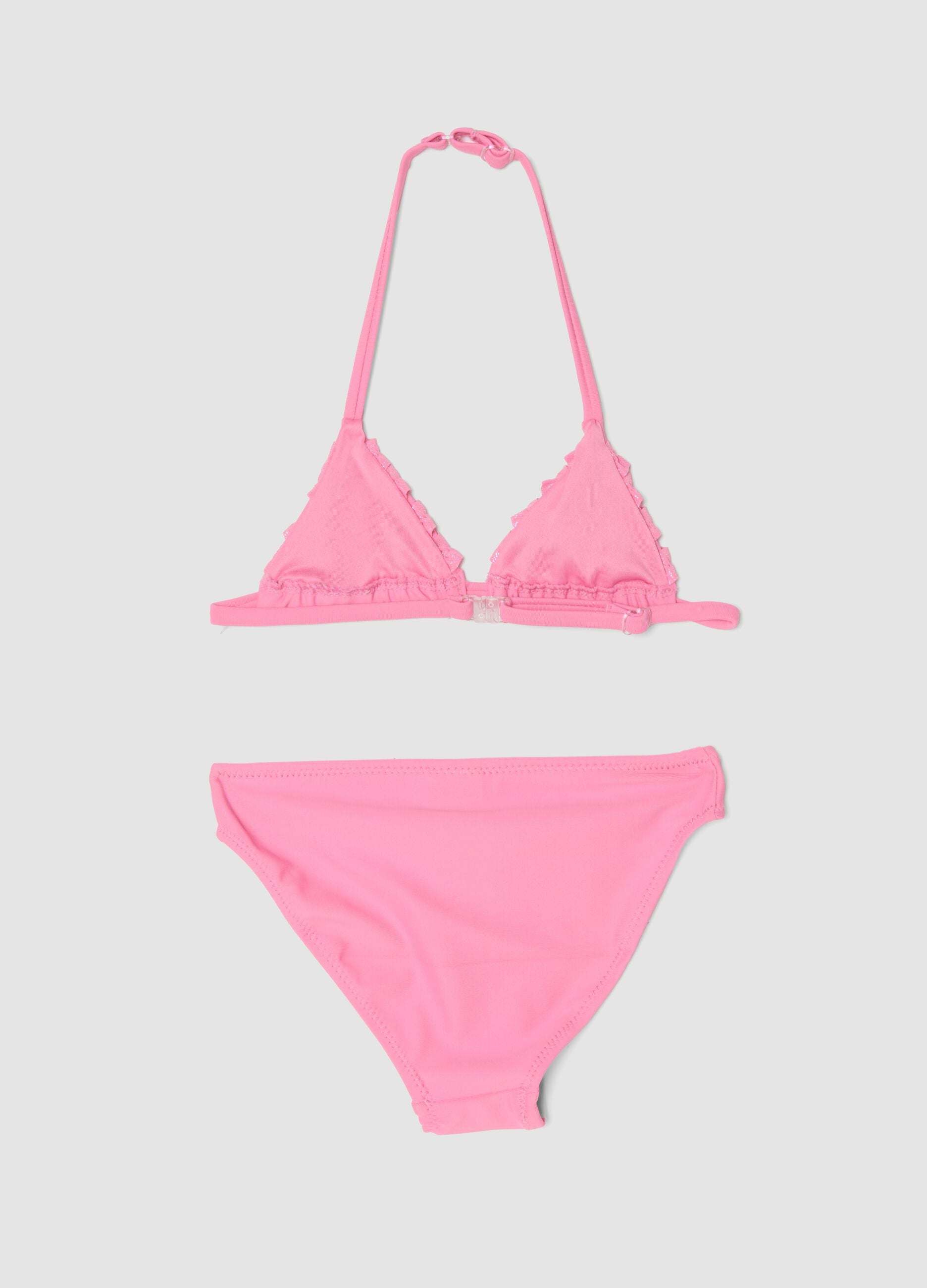 Pink triangle bikini in stretch fabric with frills