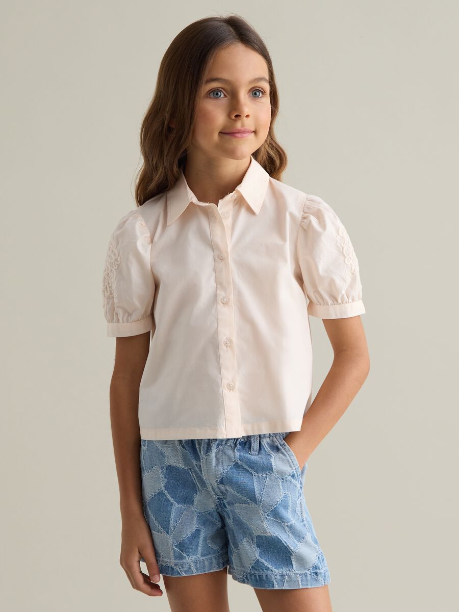 Beige Poplin Short Sleeve Shirt for Girls_0