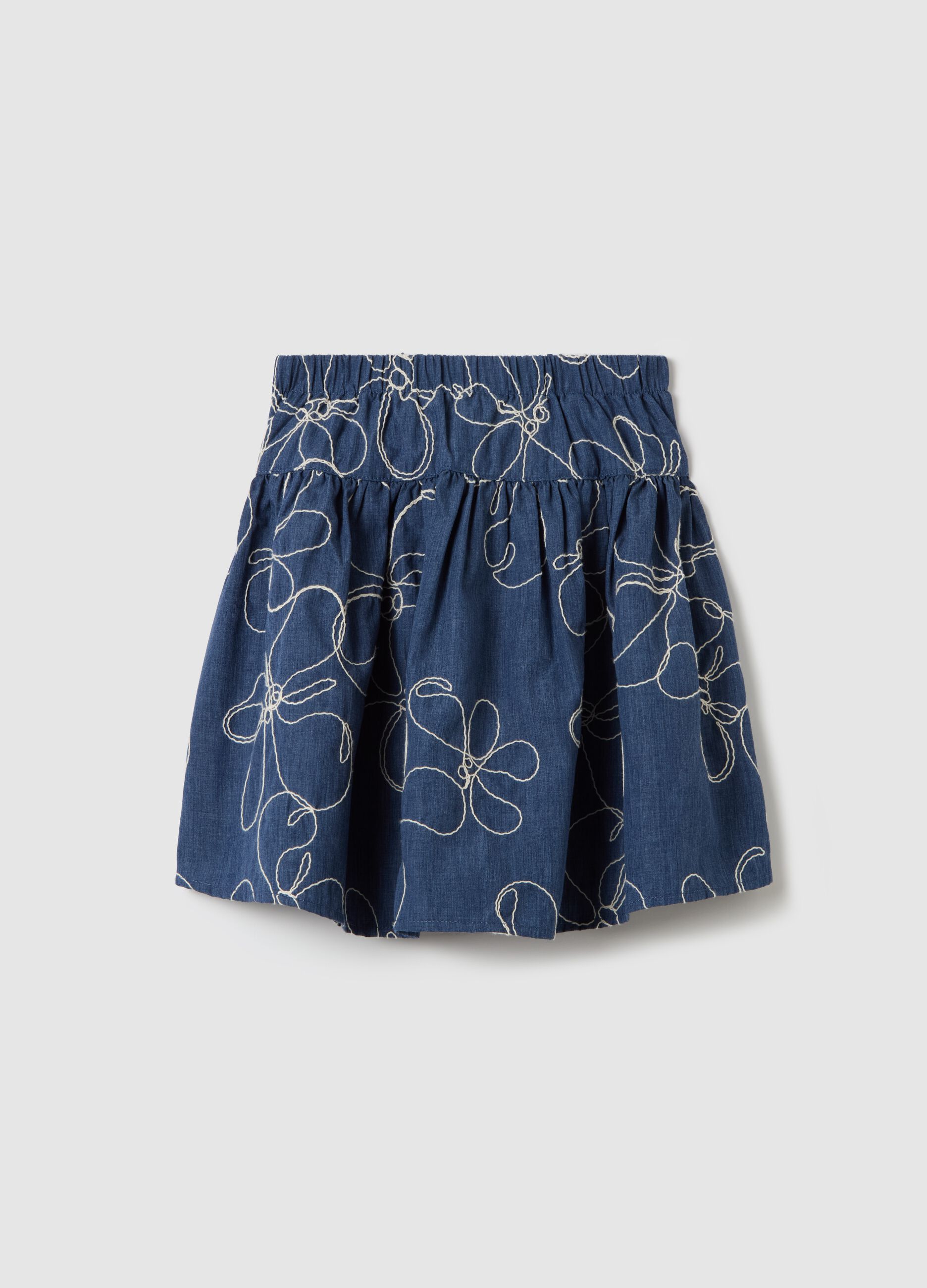 Gonna in denim con cintura e ricamo fiori 