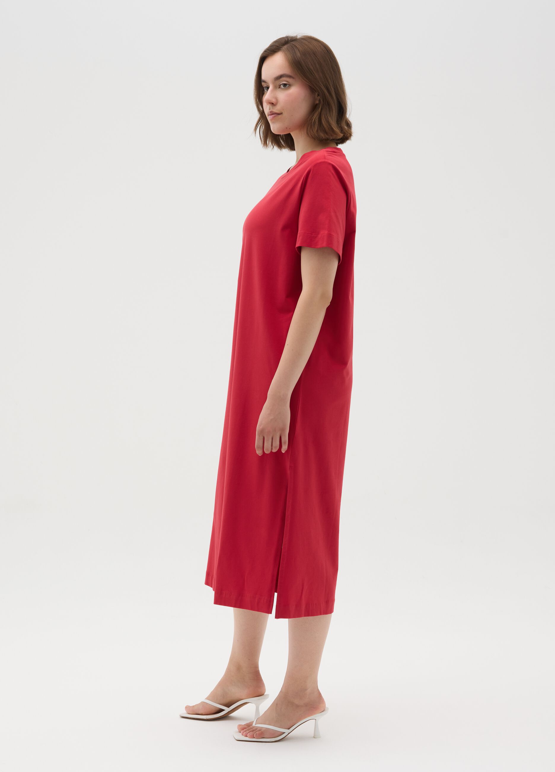 Women's long red cotton dress with regular fit