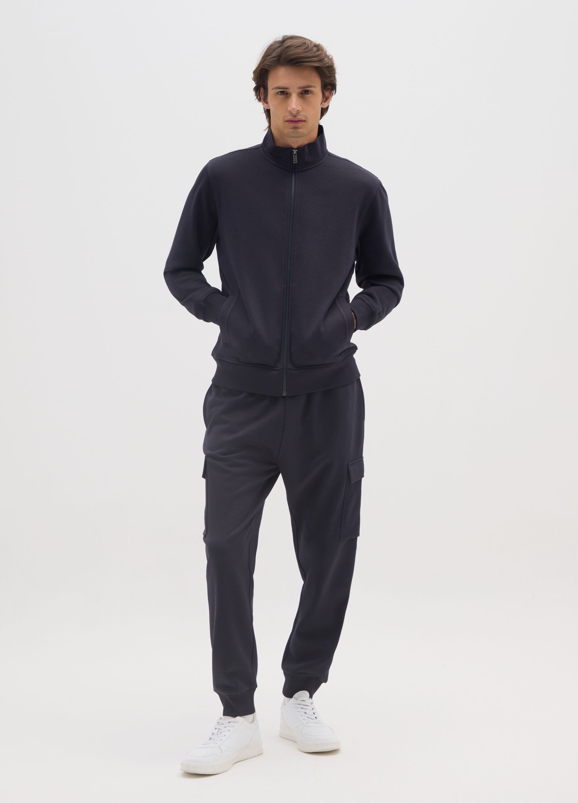 Blue cotton blend trousers with cargo pockets