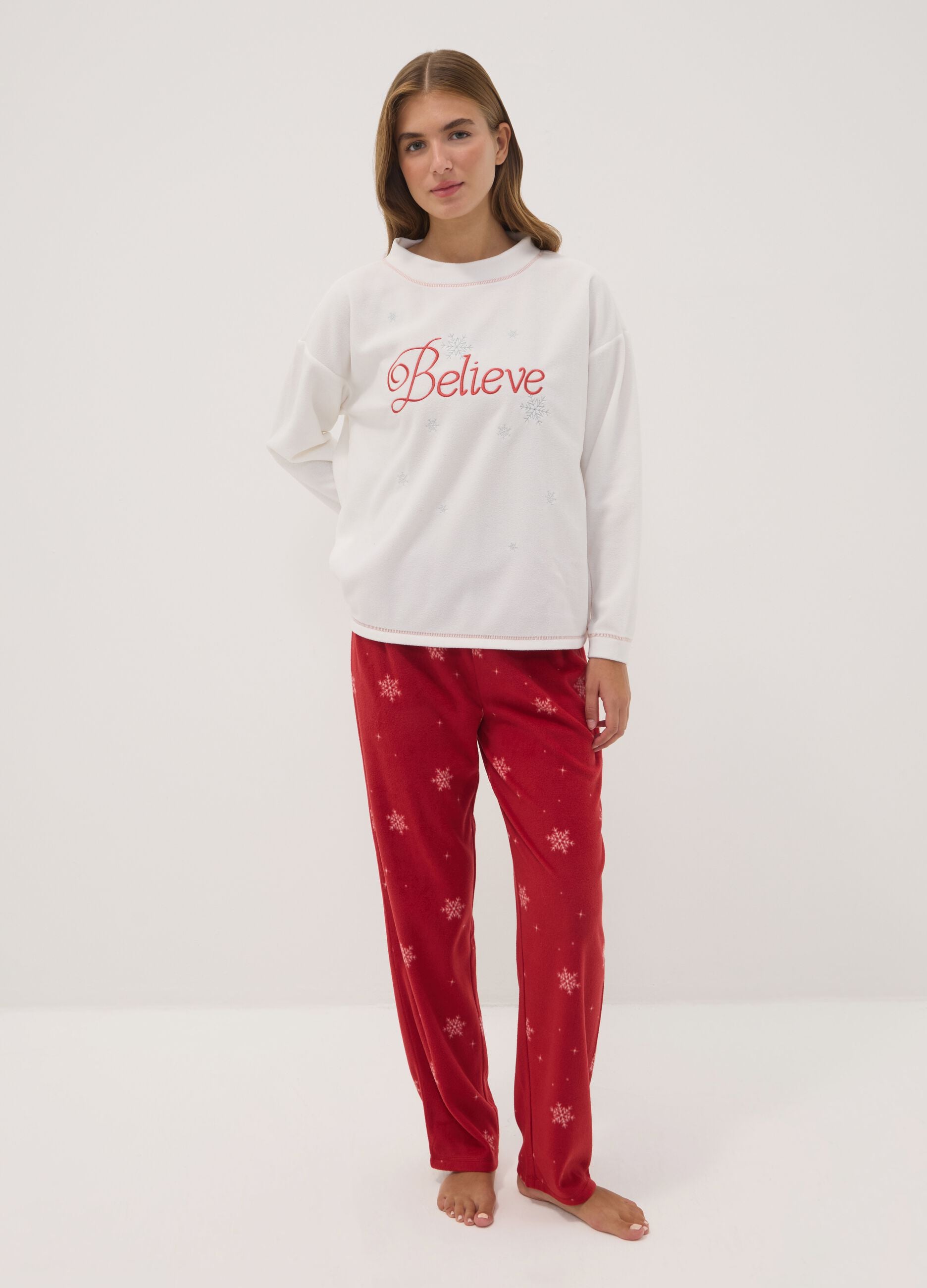 White fleece crew-neck regular-fit printed pyjamas