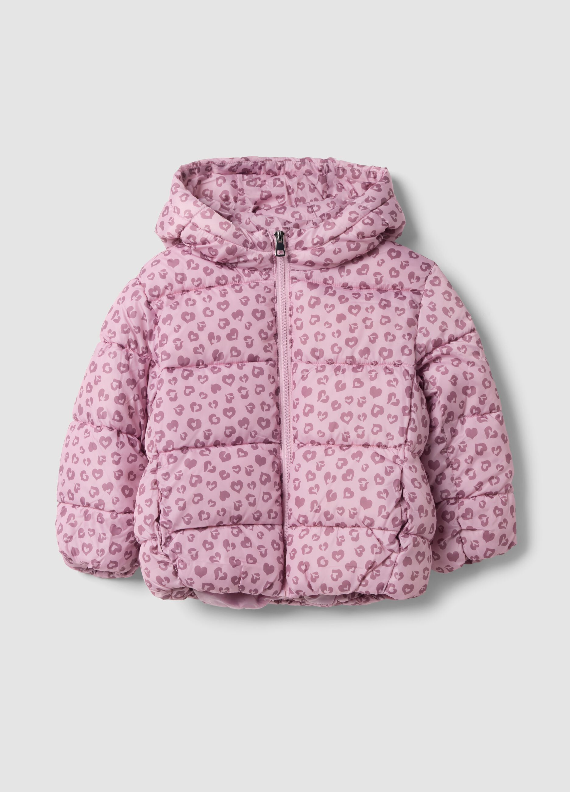 Pink hooded jacket with heart print, regular fit