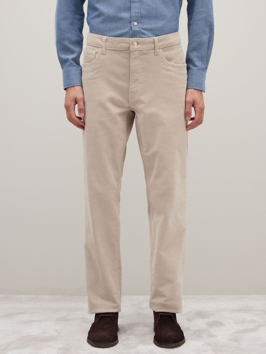 Beige regular fit stretch cotton trousers_1
