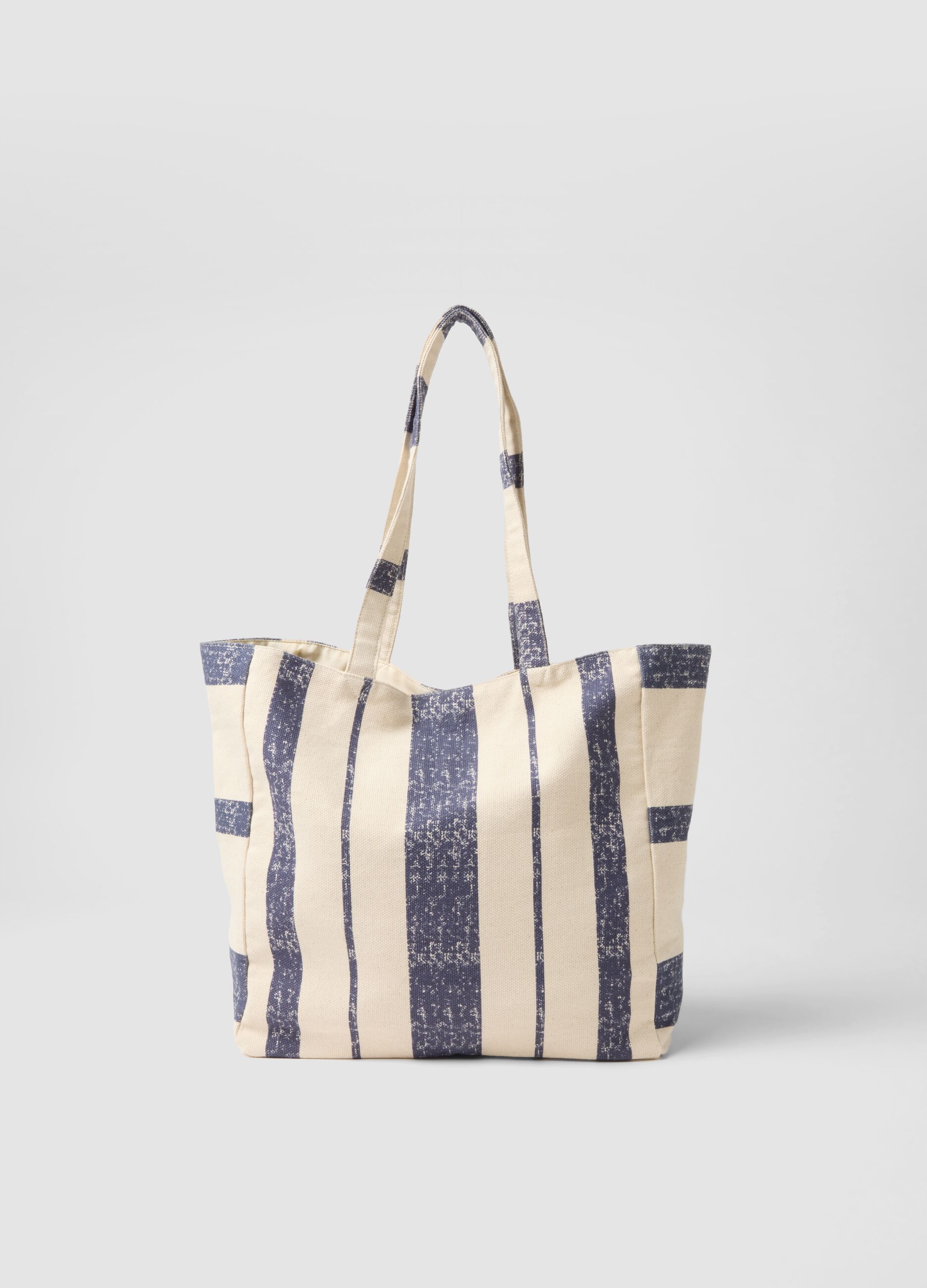 Pure cotton bag with white and blue stripes and button fastening