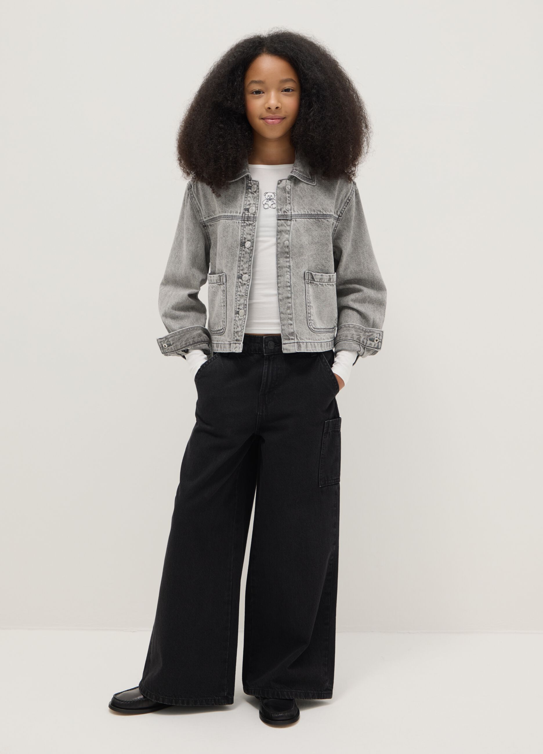 Girls' Pure Black Cotton Wide Leg Jeans with Large Pockets