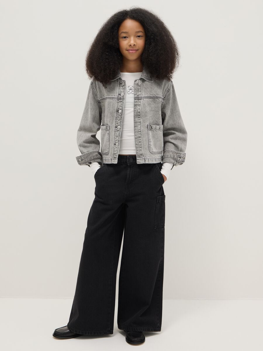 Girls' Pure Black Cotton Wide Leg Jeans with Large Pockets_0