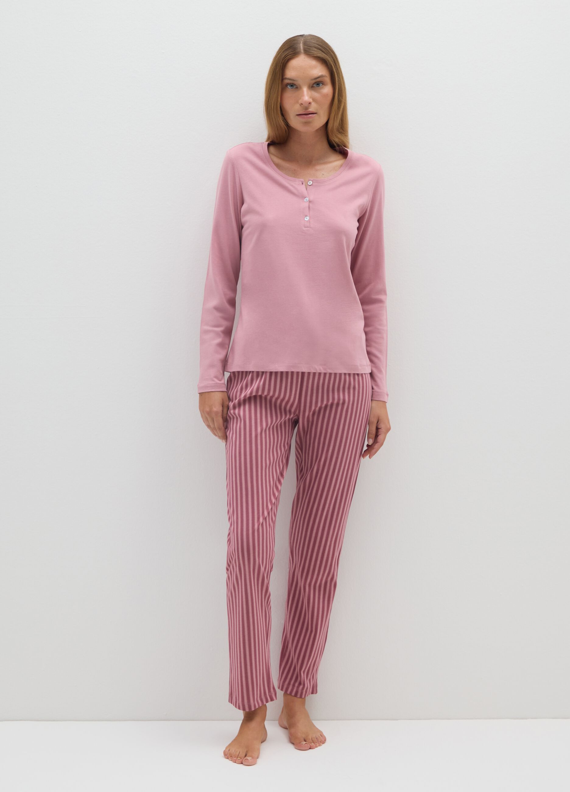 Set pigiama lungo rosa in puro cotone