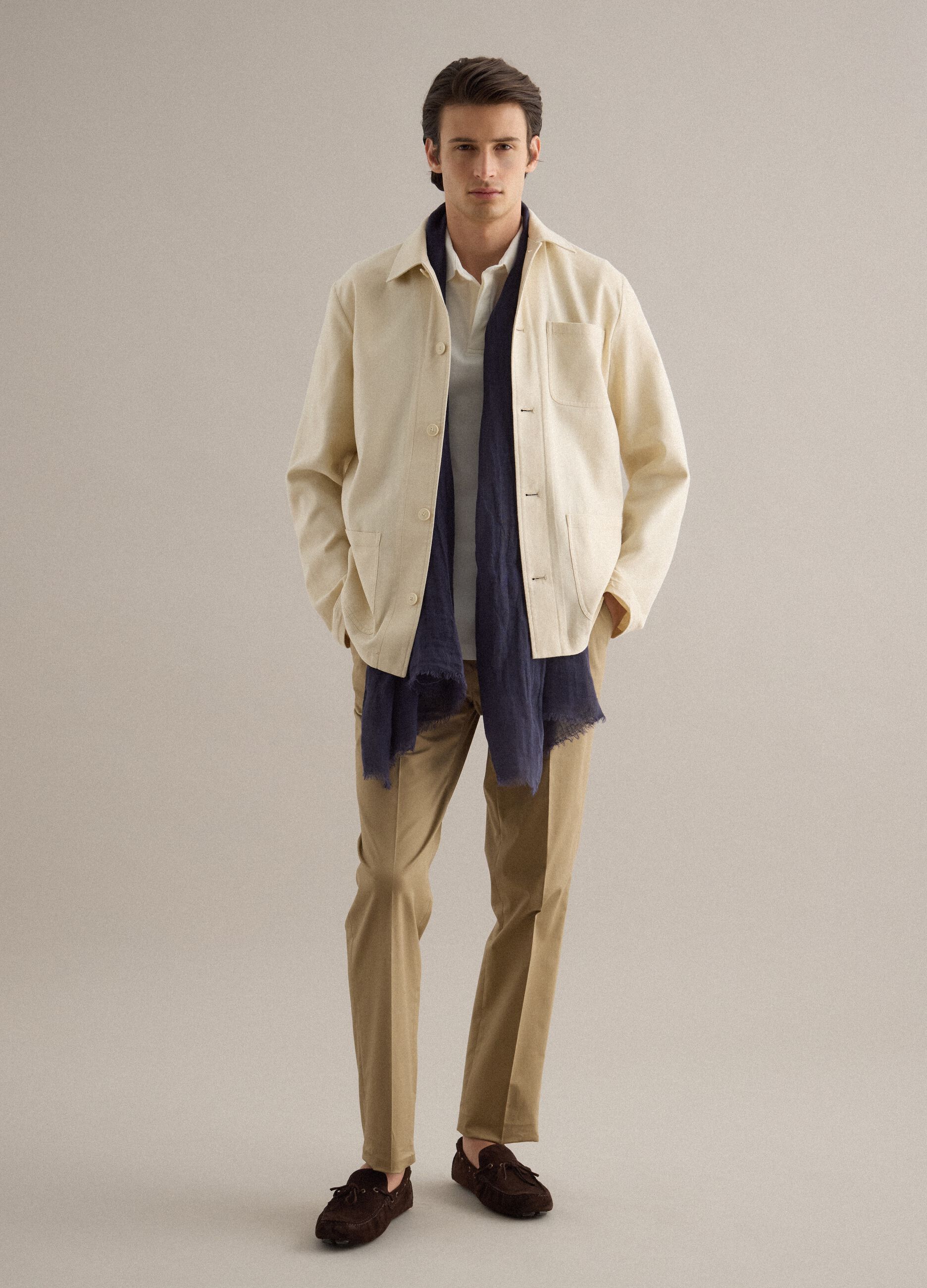 White regular fit linen-cotton blend jacket