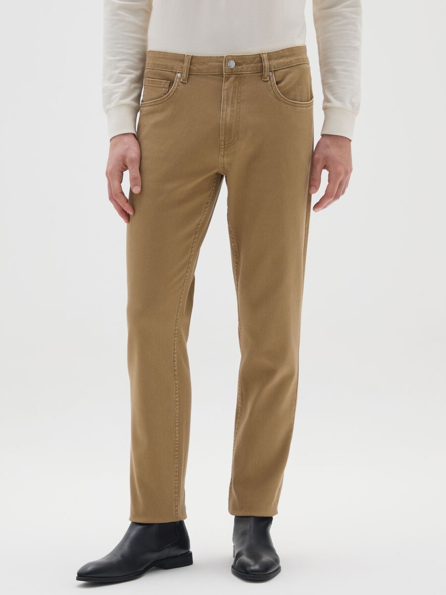 Beige slim fit stretch cotton trousers_1