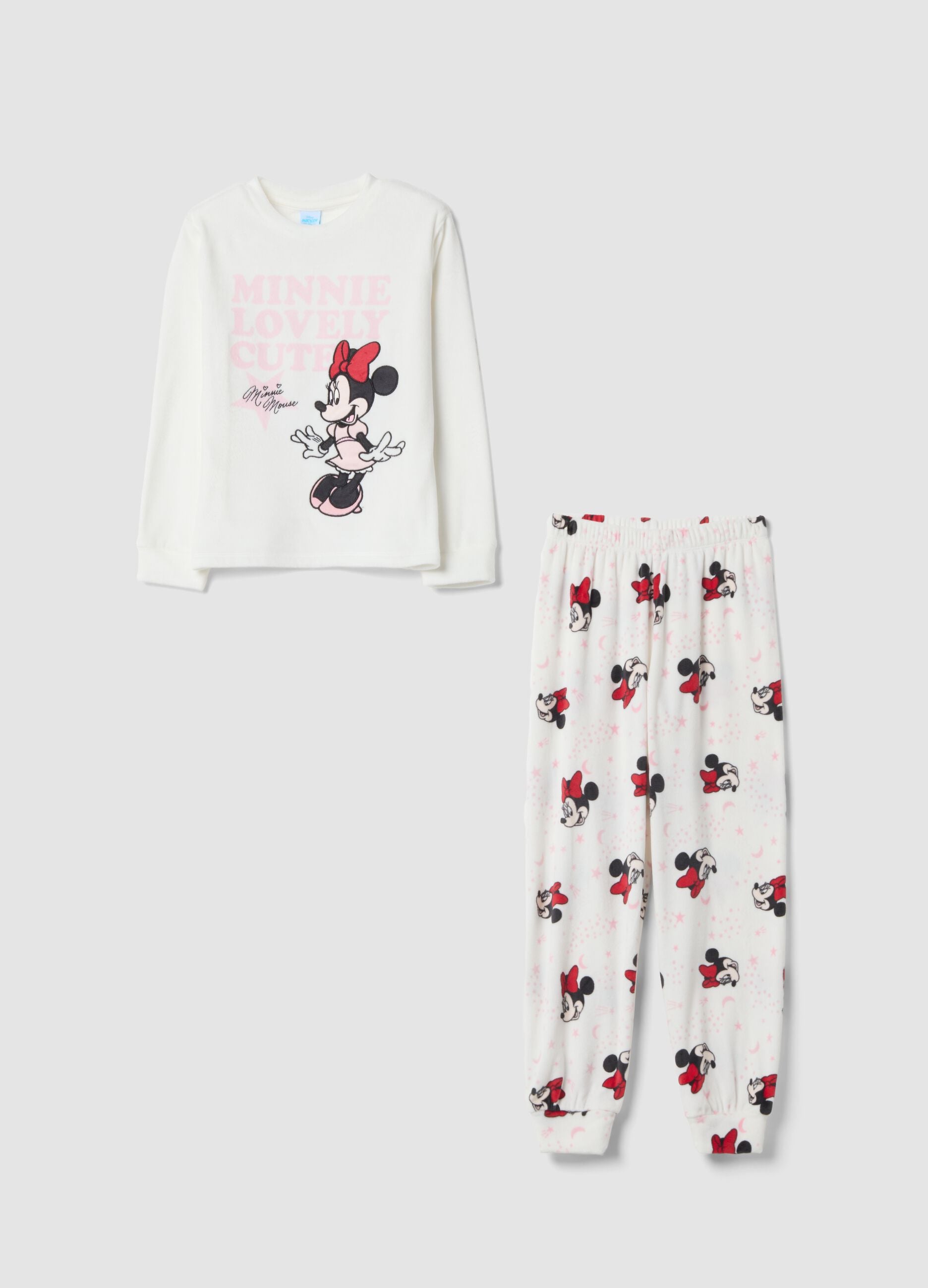White stretch fabric Minnie print pyjamas with crew neck