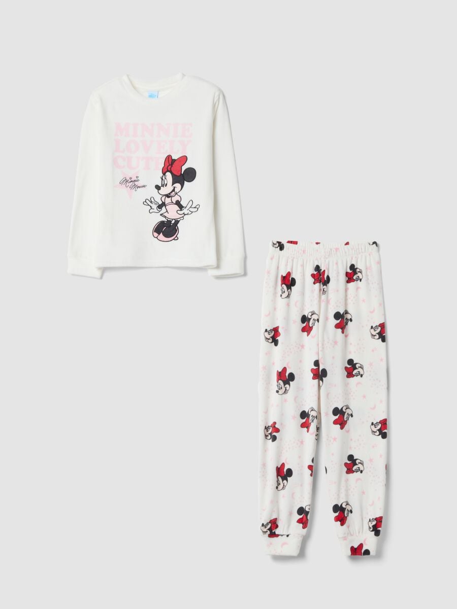 White stretch fabric Minnie print pyjamas with crew neck_0