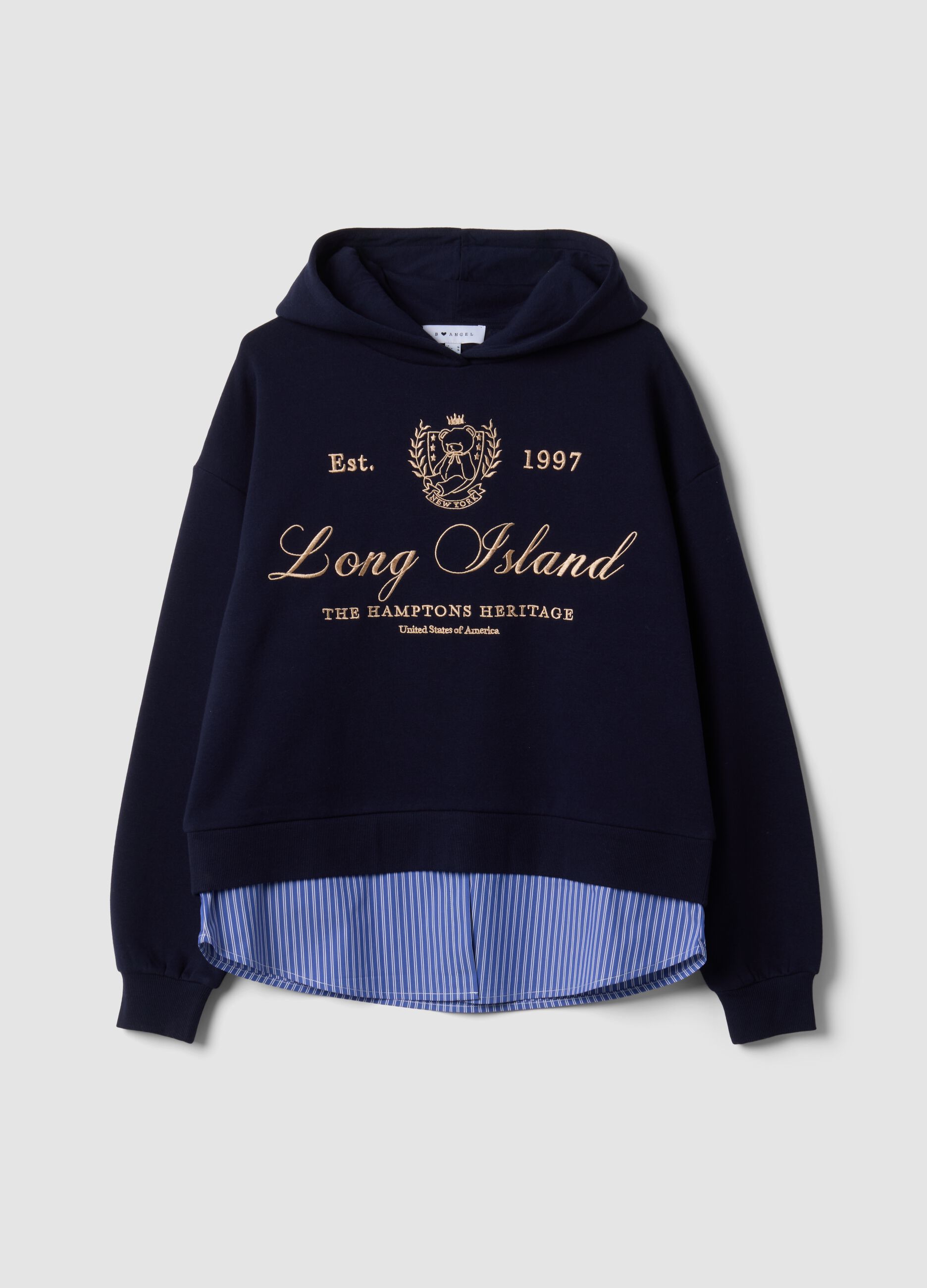 Blue cotton-blend hoodie with layered shirt-effect hem